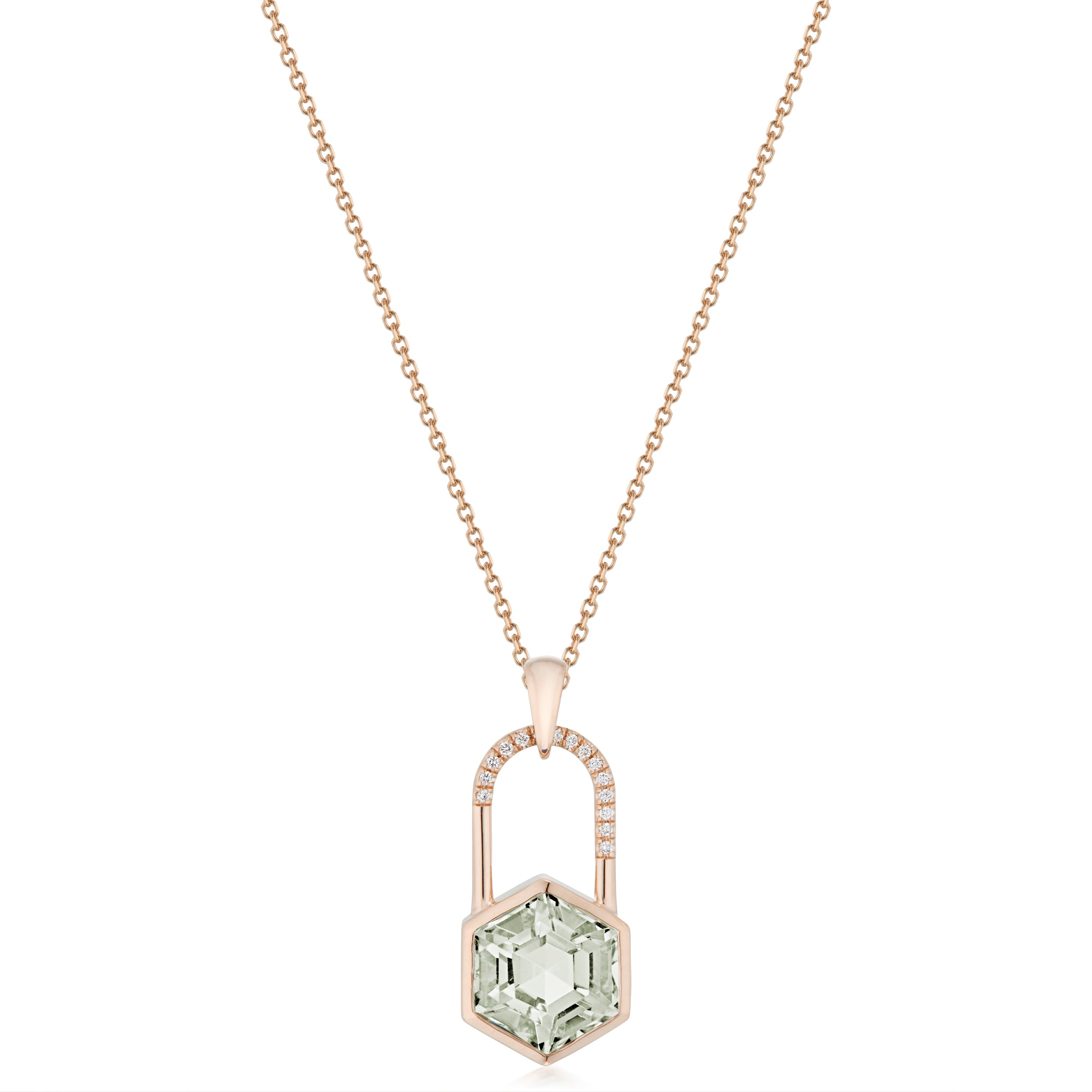 Vale Jewelry Large Hexagon Lock with Diagonal Pave Necklace in Rose Gold