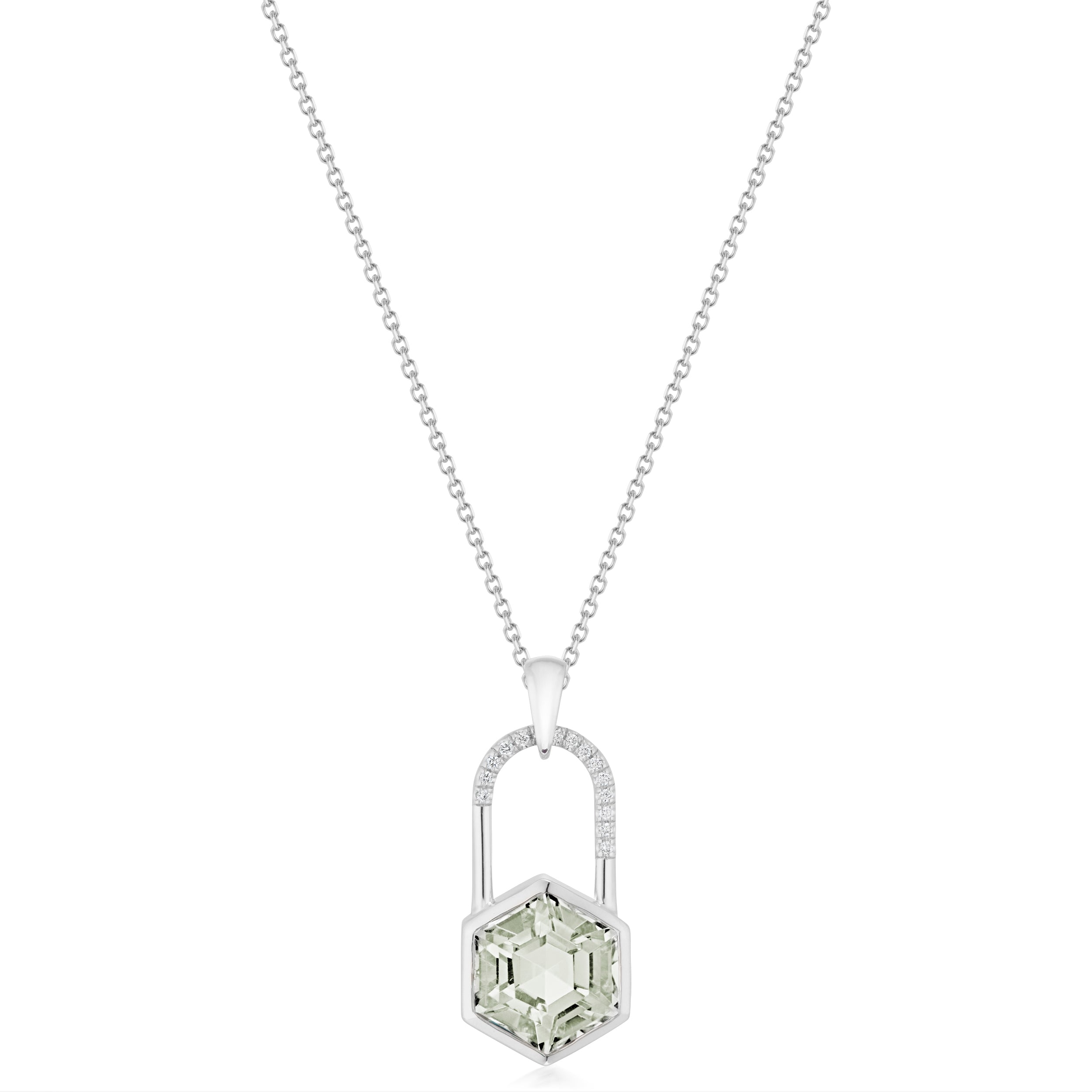 Vale Jewelry Large Hexagon Lock with Diagonal Pave Necklace in White Gold