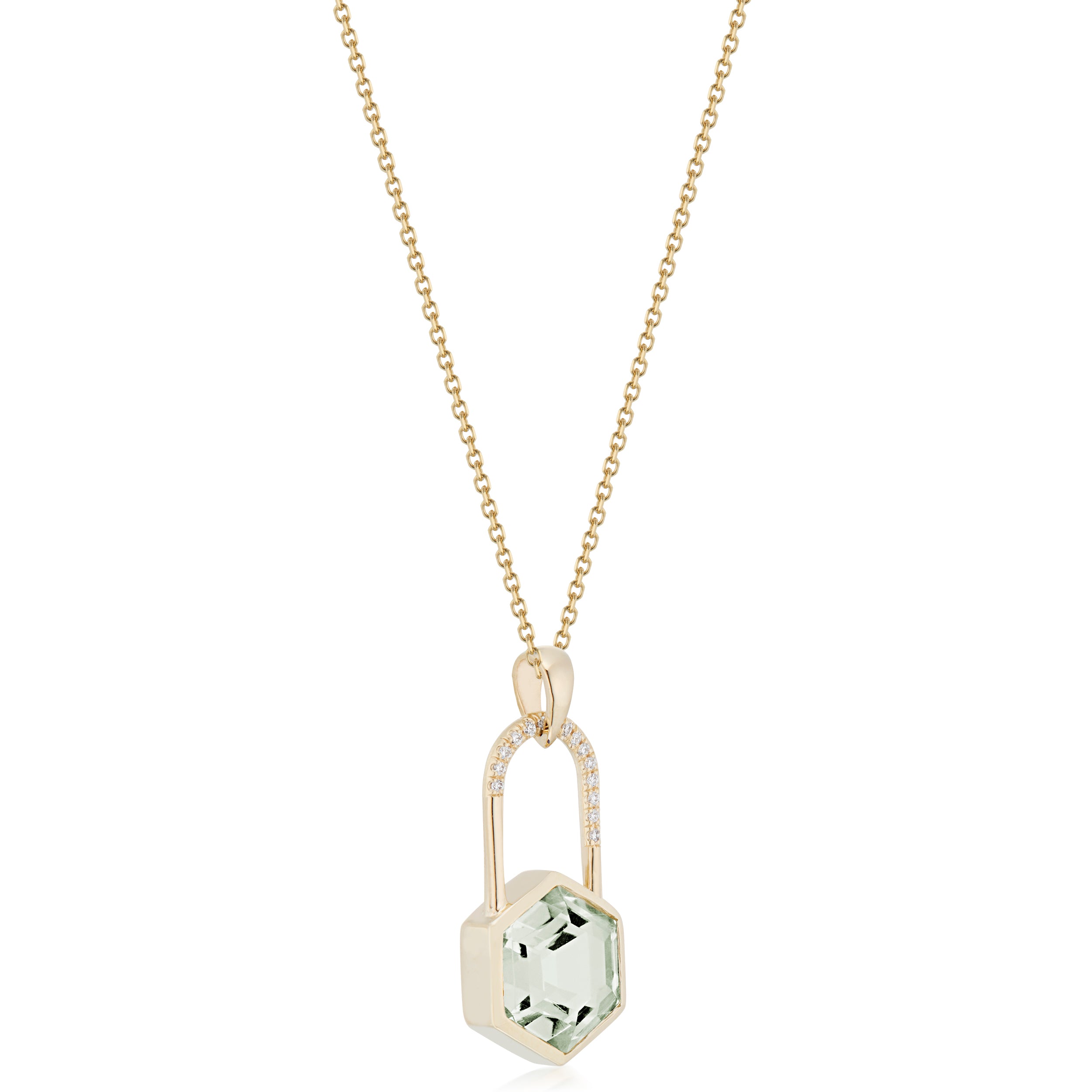 Vale Jewelry Large Hexagon Lock with Diagonal Pave Necklace in Yellow Gold Side View