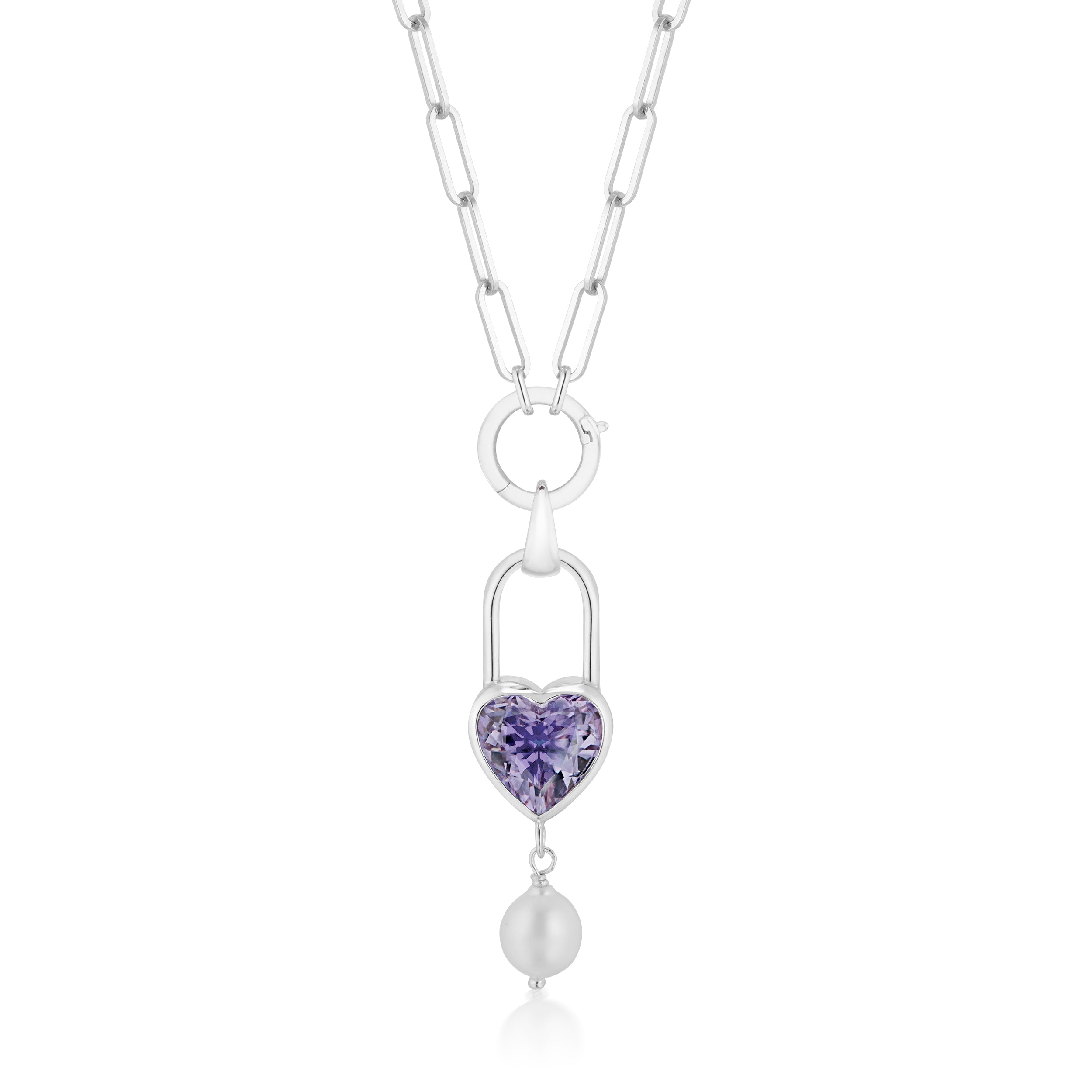 Large Heart Lock Amethyst And Baroque Pearl Drop Charm Ring Paperclip Necklace White Close Up View