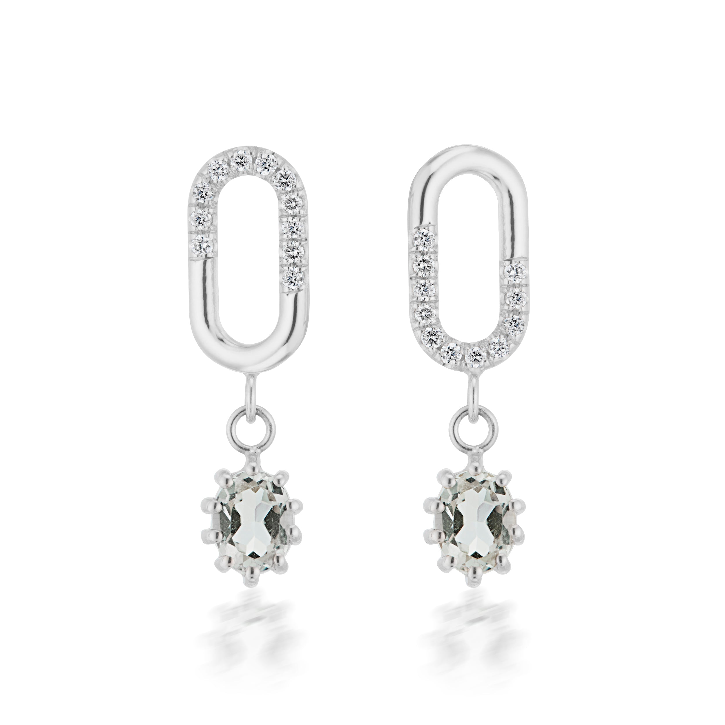 Vale Jewelry Oval Diagonal Diamond & Prasiolite Lock Earrings in White Gold Front View