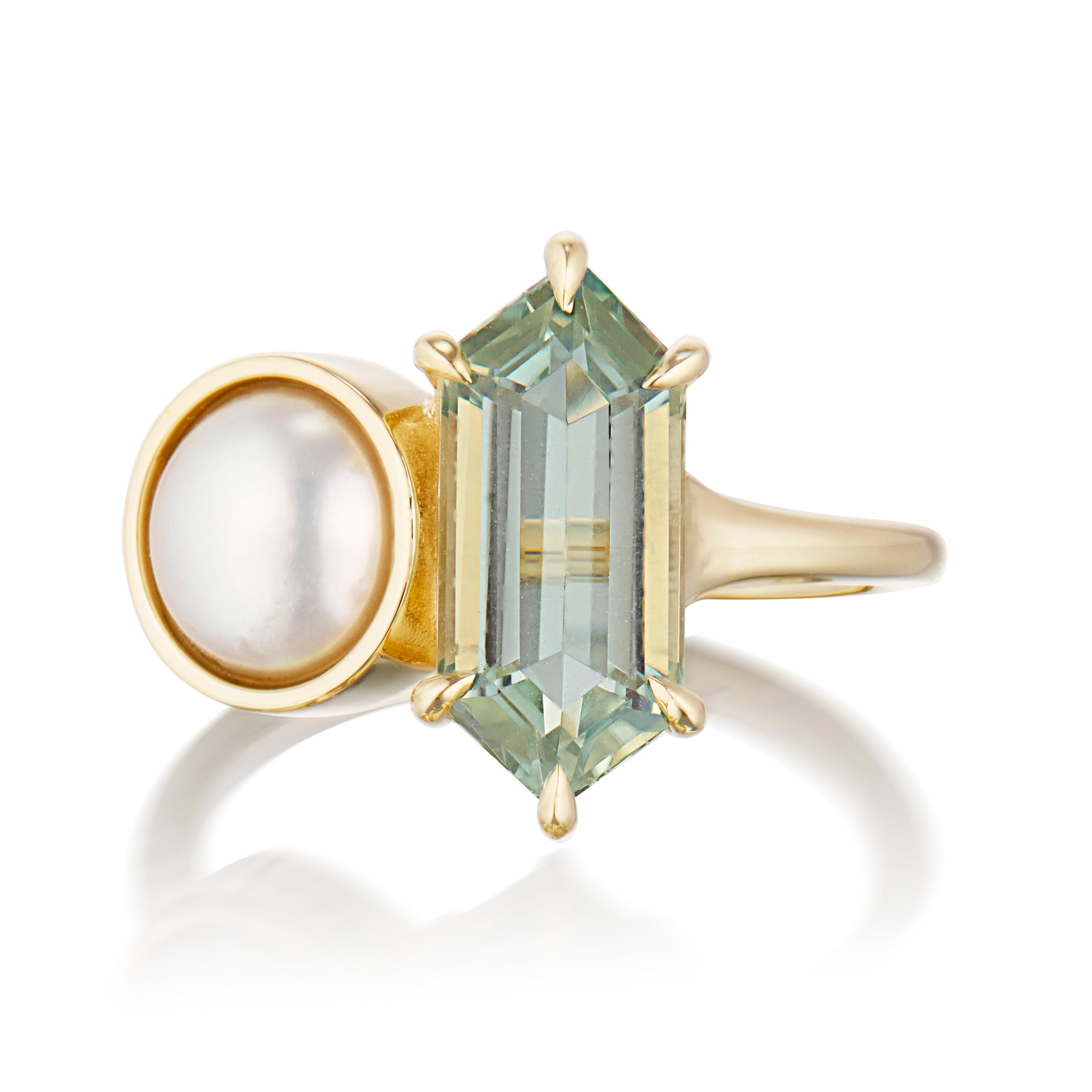Hexagon Prasiolite and Mabe Pearl Ring Yellow Angled View