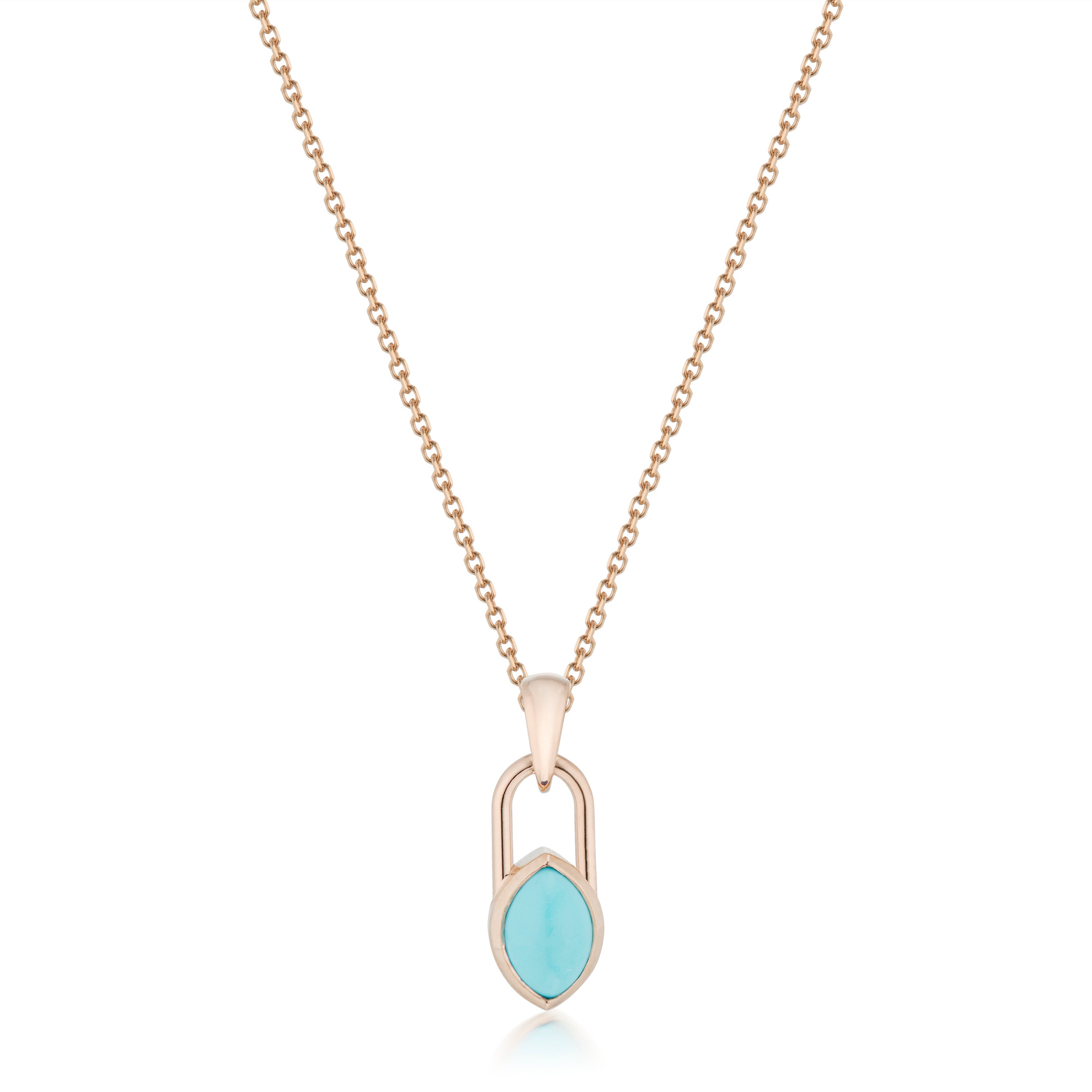 Vale Jewelry Marquise Lock Necklace with Turquoise in Rose Gold Close Up