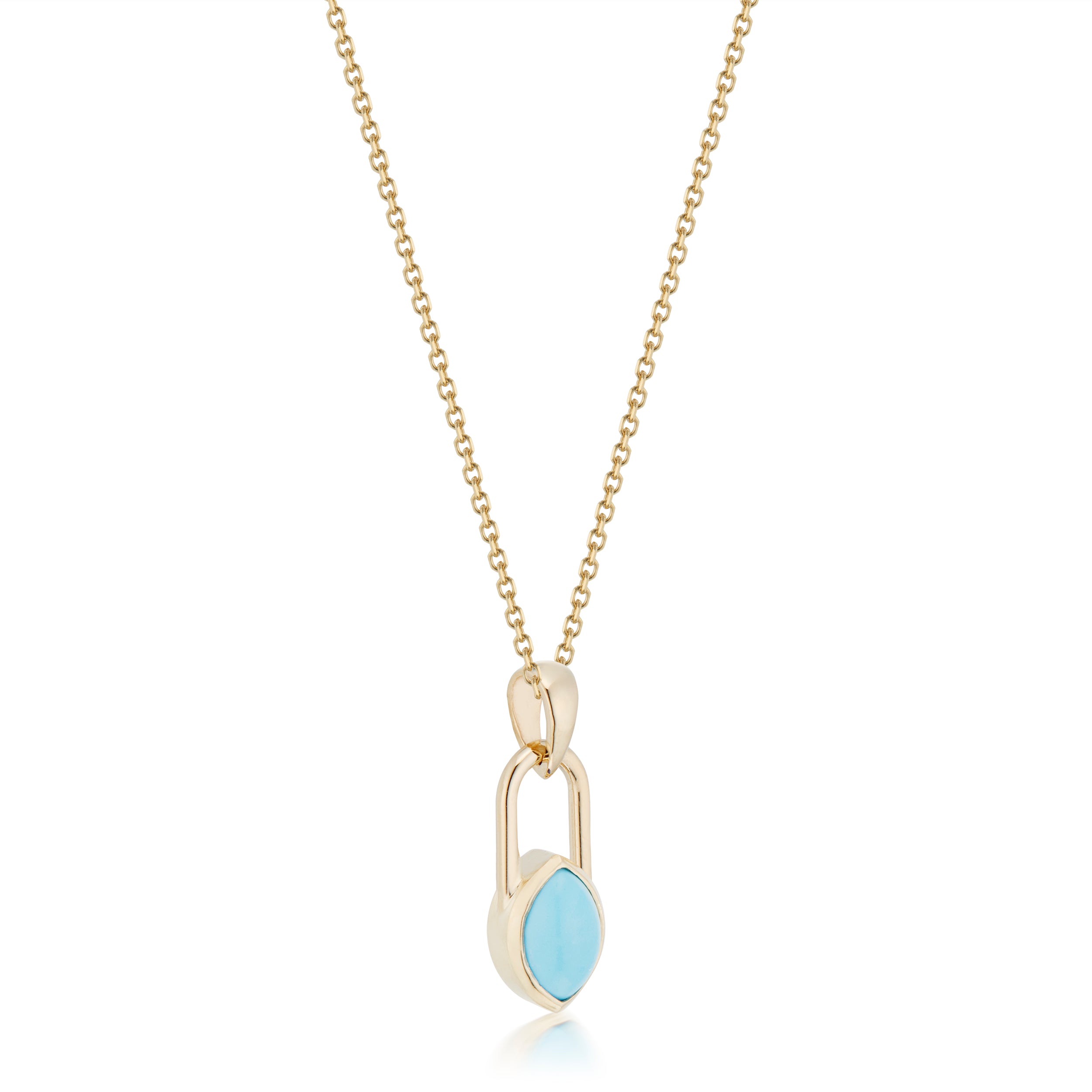 Vale Jewelry Marquise Lock Necklace with Turquoise in Yellow Gold Side View