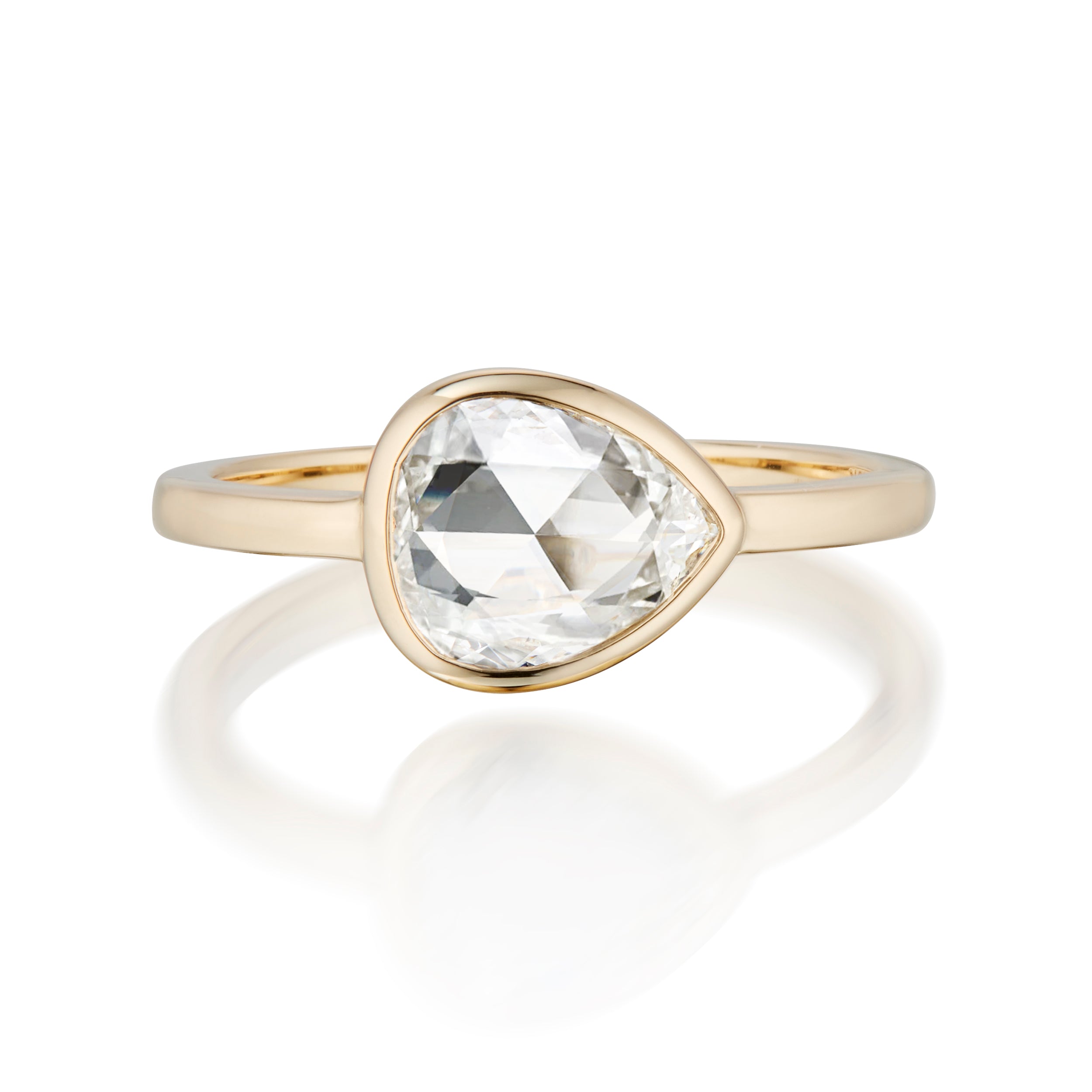 Vale Jewelry 0.96 Carat Pear Shape Rose Cut Diamond Solitaire Bezel Set Ring In 18K Yellow Gold Front View