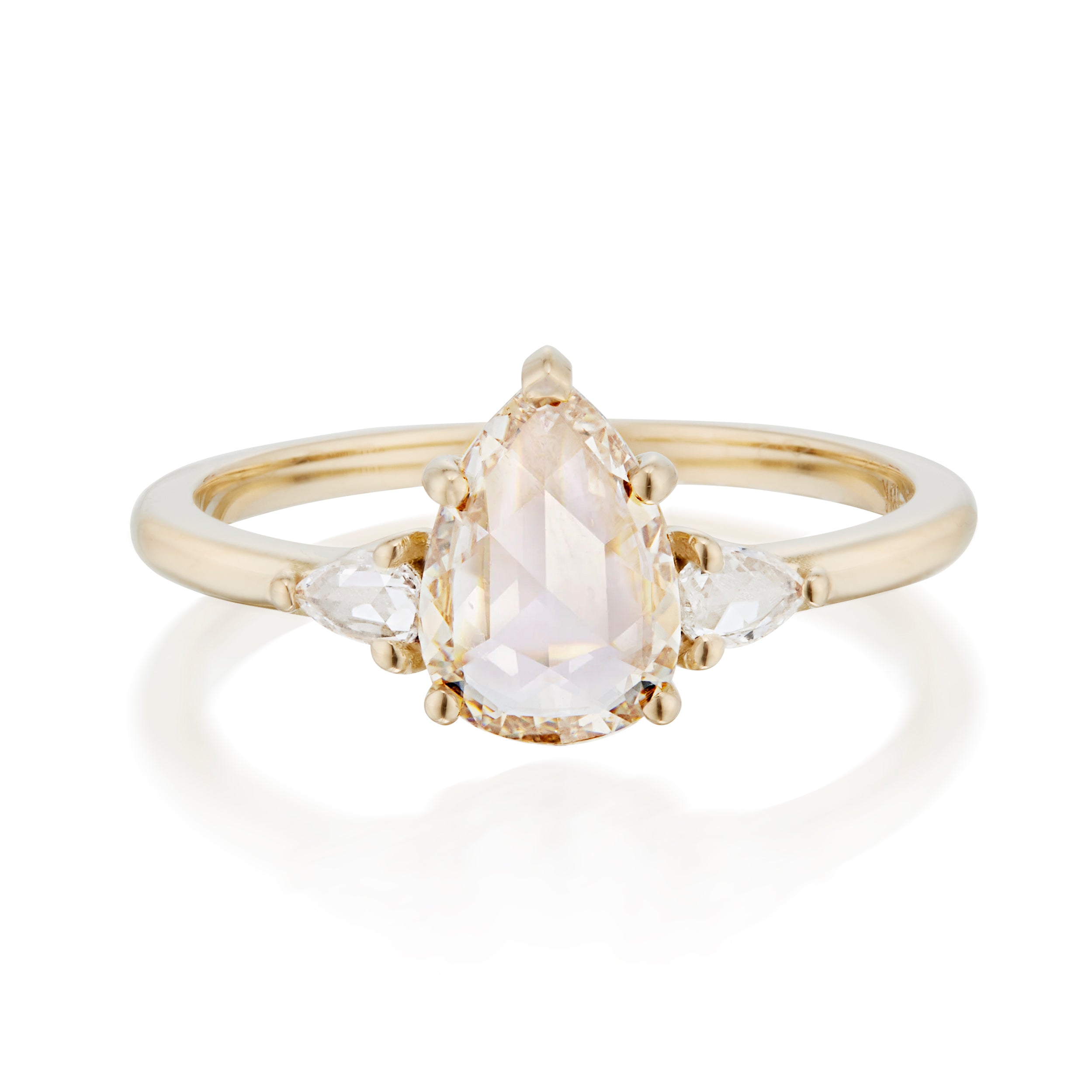 One of a Kind 1.00 Carat 3 Pear Rose Cut Diamond Ring in Yellow Gold Front View