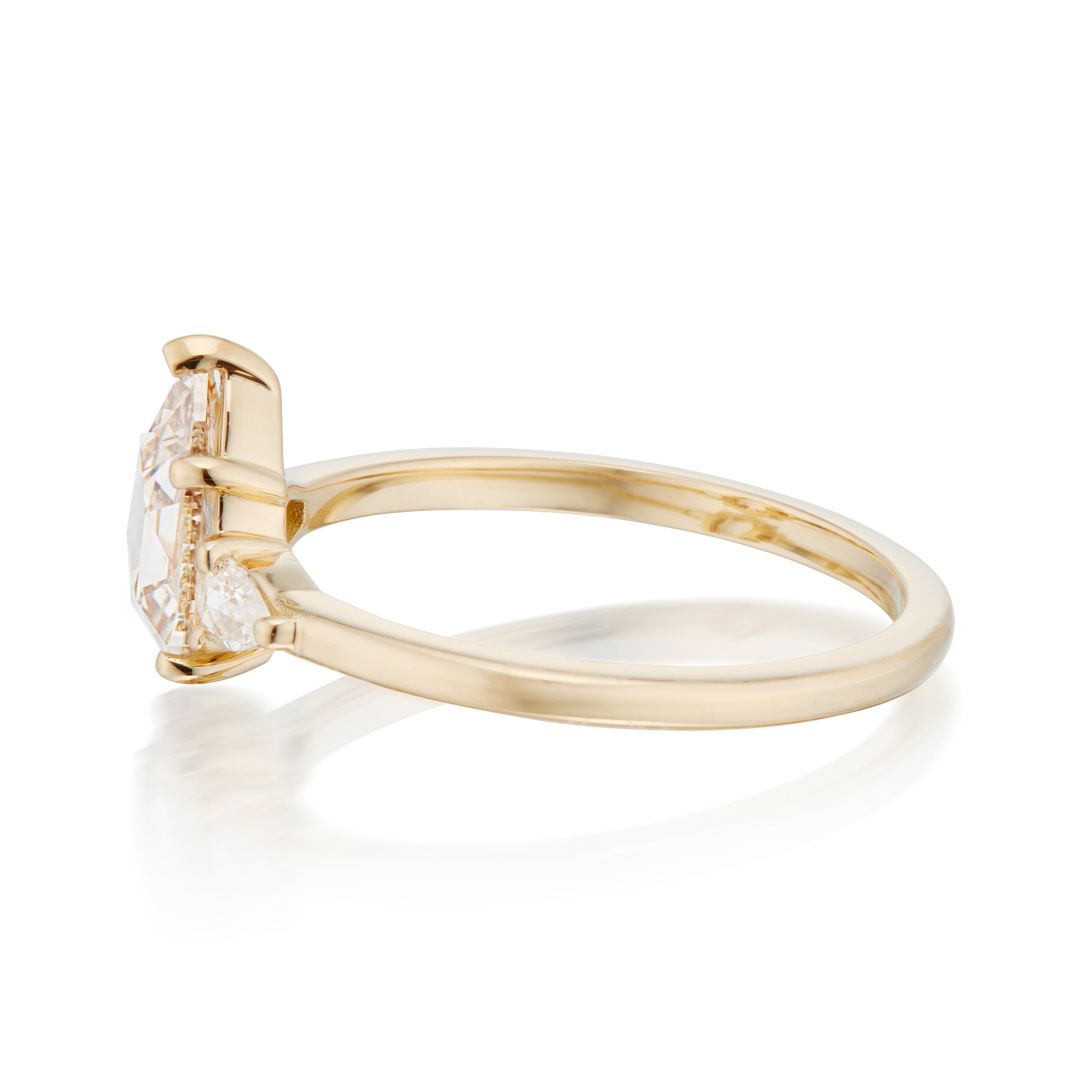One of a Kind 1.00 Carat 3 Pear Rose Cut Diamond Ring in Yellow Gold Side View