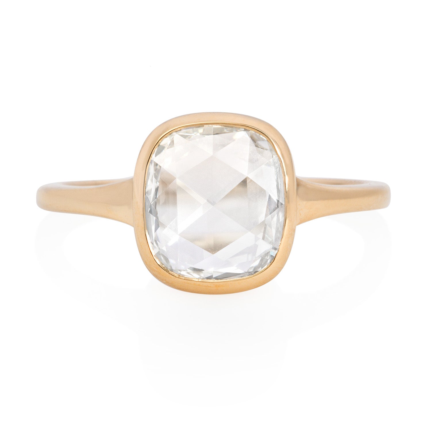 Vale Jewelry one of a kind Bezel Set Cushion Rose Cut Diamond Ring in Yellow Gold Front View