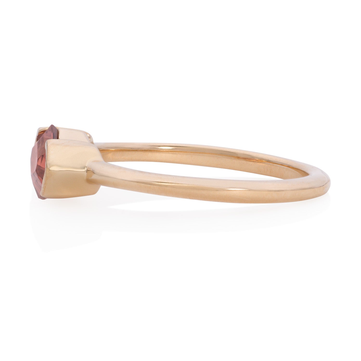Vale Jewelry one of a kind Half Bezel Octagon Peach Spinel Ring in yellow gold side view