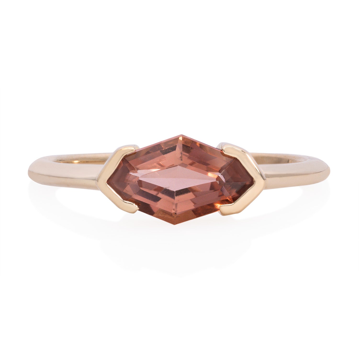 Vale Jewelry one of a kind Half Bezel Octagon Peach Spinel Ring in yellow gold front view