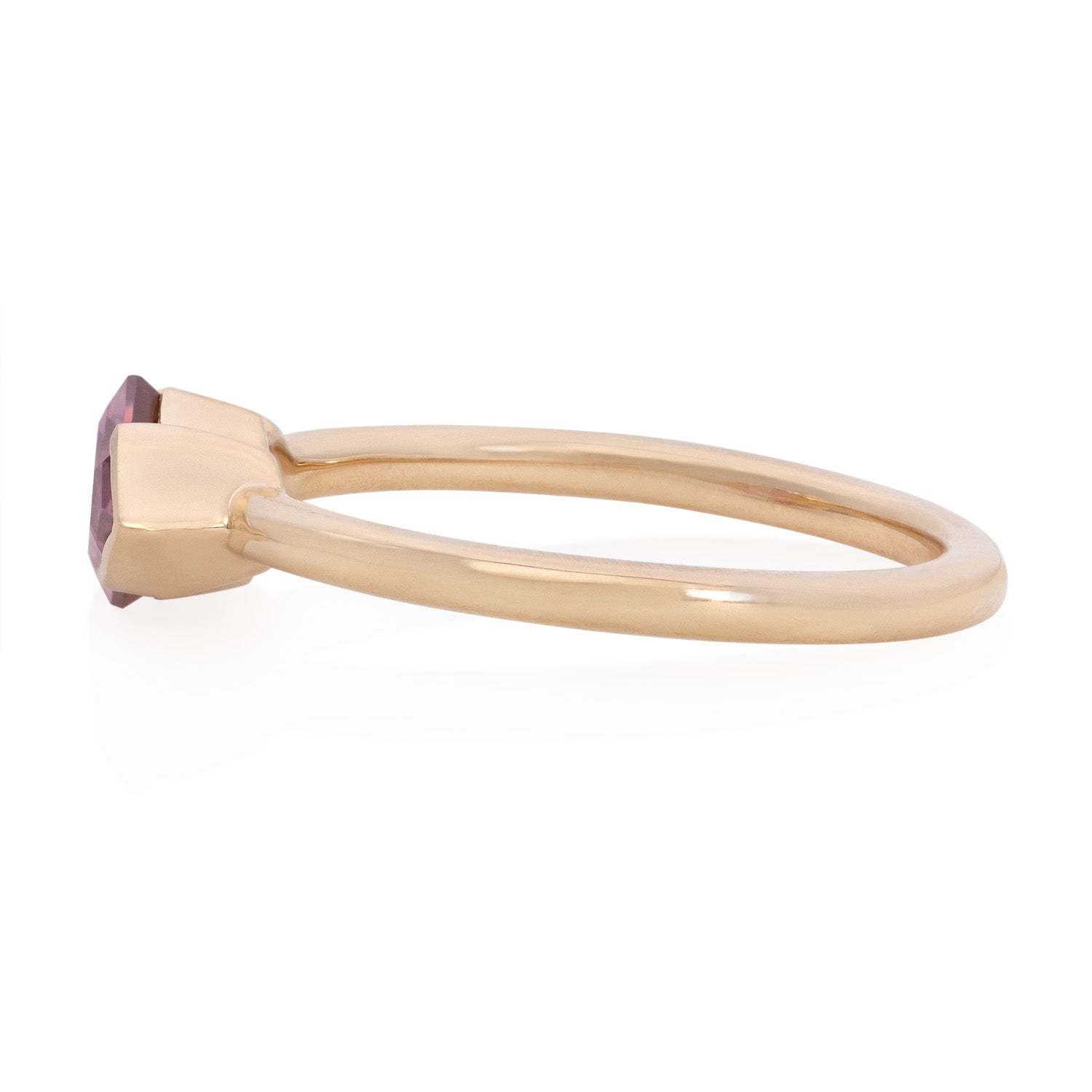 Vale Jewelry one of a kind Half Bezel Octagon Pink Spinel Ring in Yellow Gold Side View
