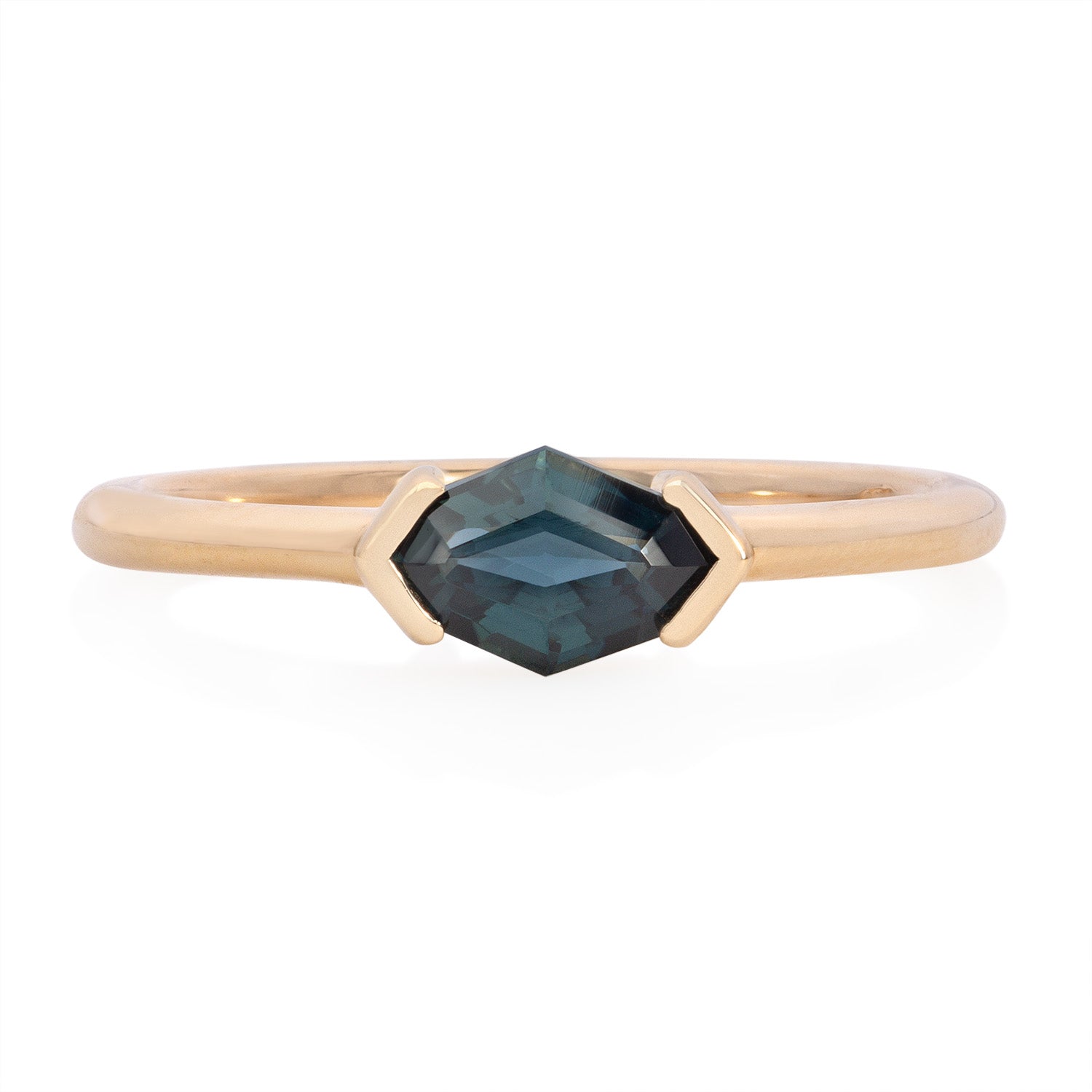 Vale Jewelry one of a kind Half Bezel Octagon Sapphire Ring in yellow gold front view