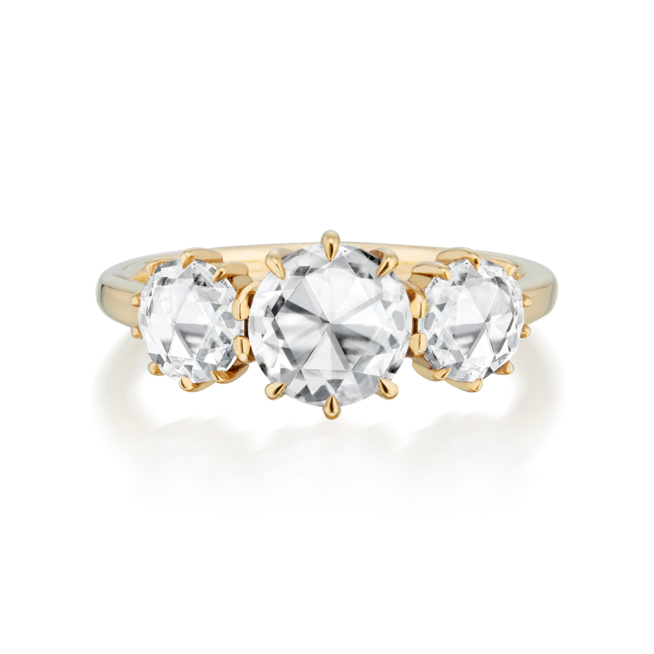 Vale Jewelry one of a kind 3-Stone Round Rose Cut Diamond Ring in Yellow Gold Front View