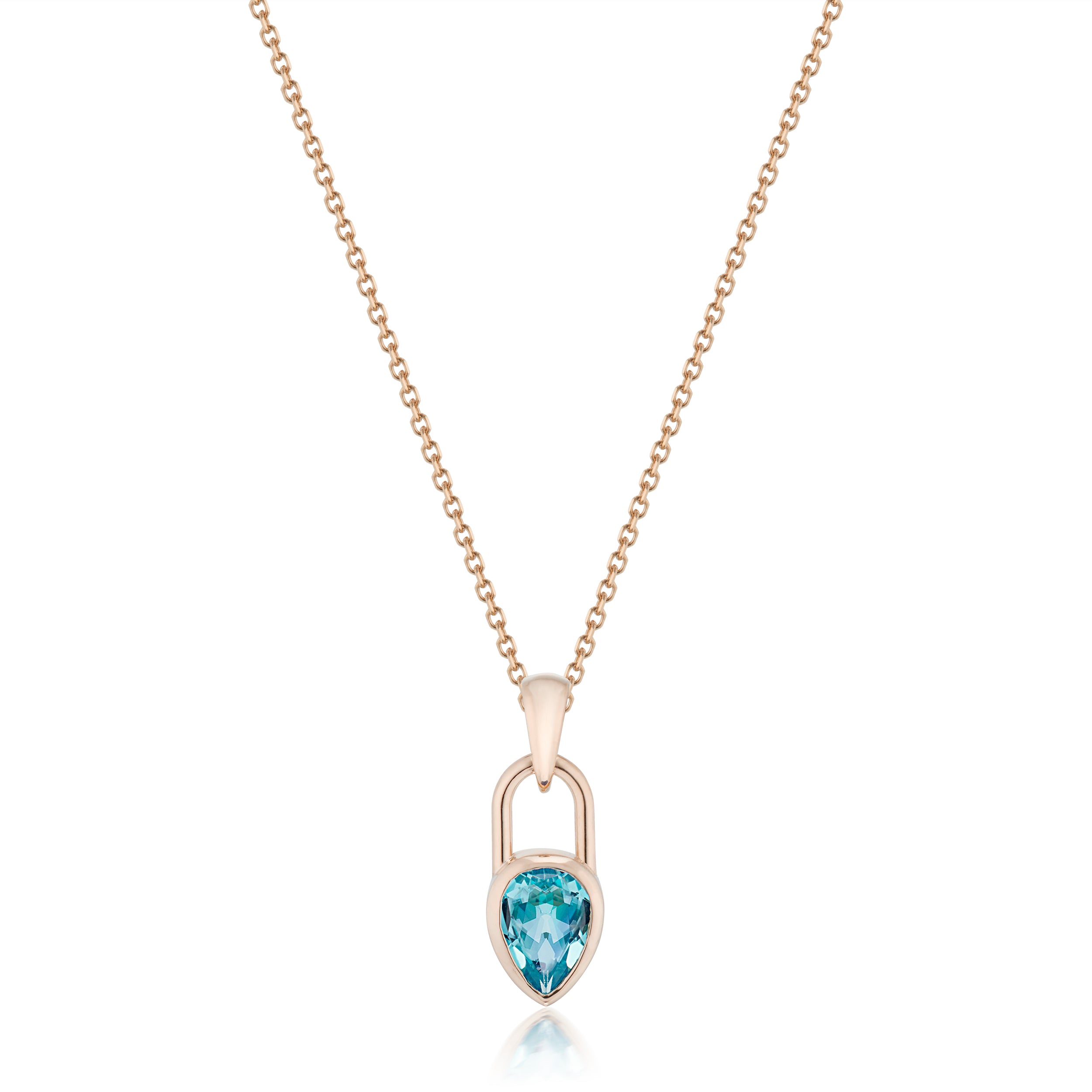 Vale Jewelry Pear Lock Blue Topaz Necklace in Rose Gold Close Up