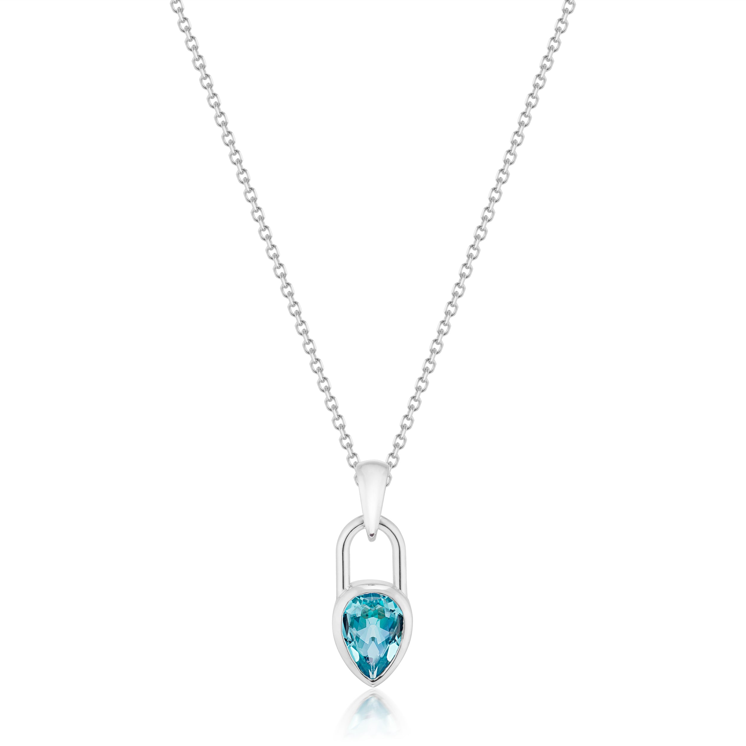 Vale Jewelry Pear Lock Blue Topaz Necklace in White Gold Close Up