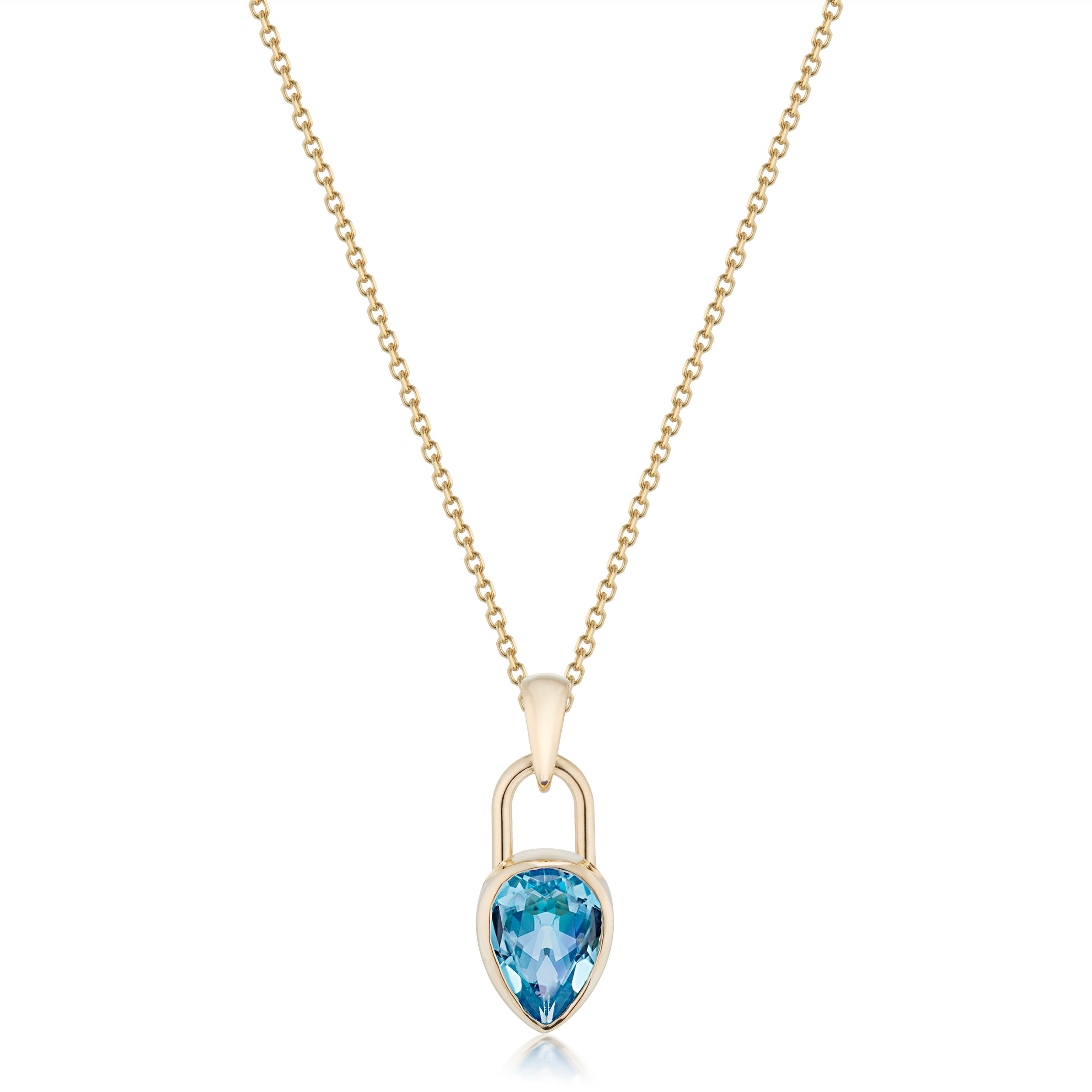 Vale Jewelry Pear Lock Blue Topaz Necklace in Yellow Gold Close Up