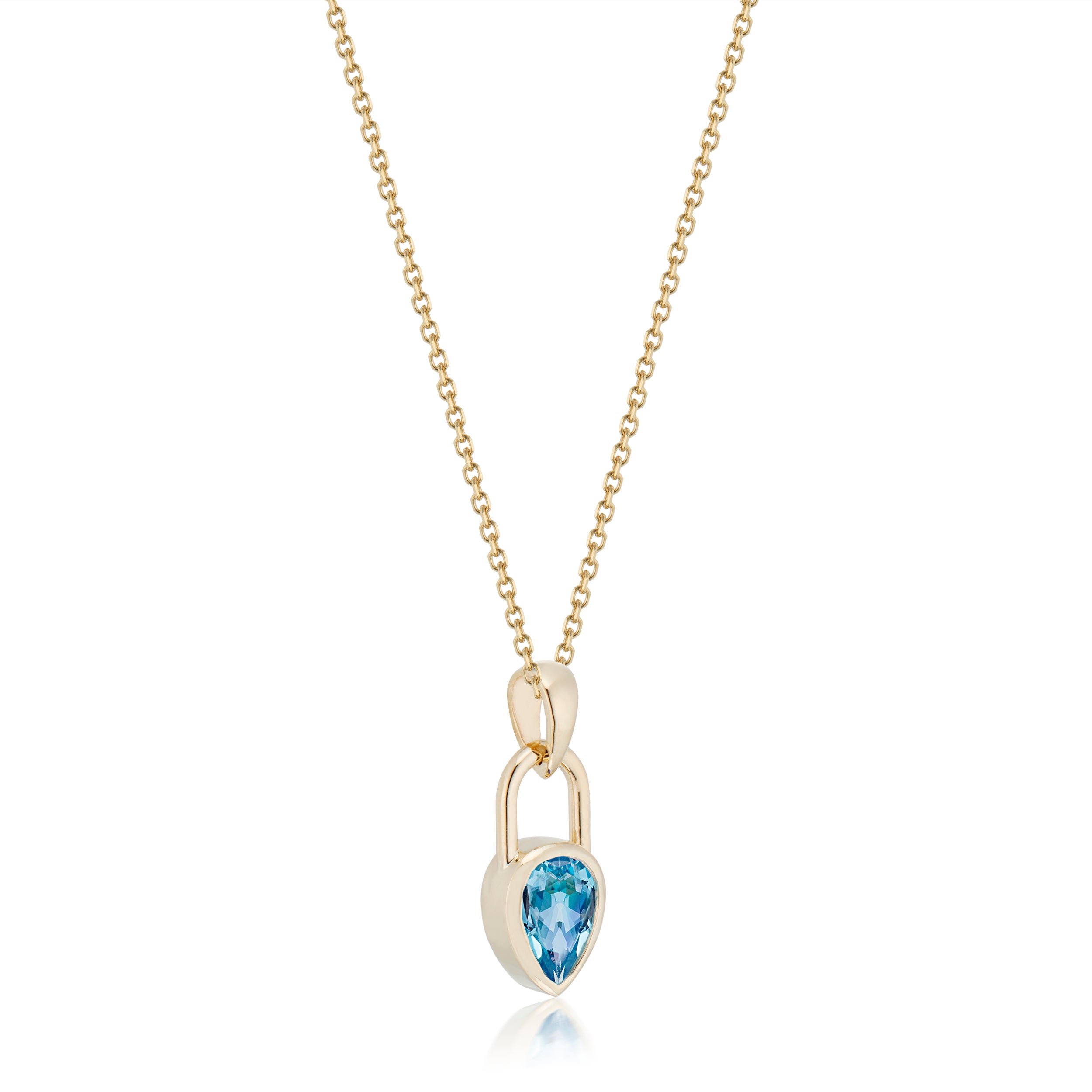 Vale Jewelry Pear Lock Blue Topaz Necklace in Yellow Gold Side View