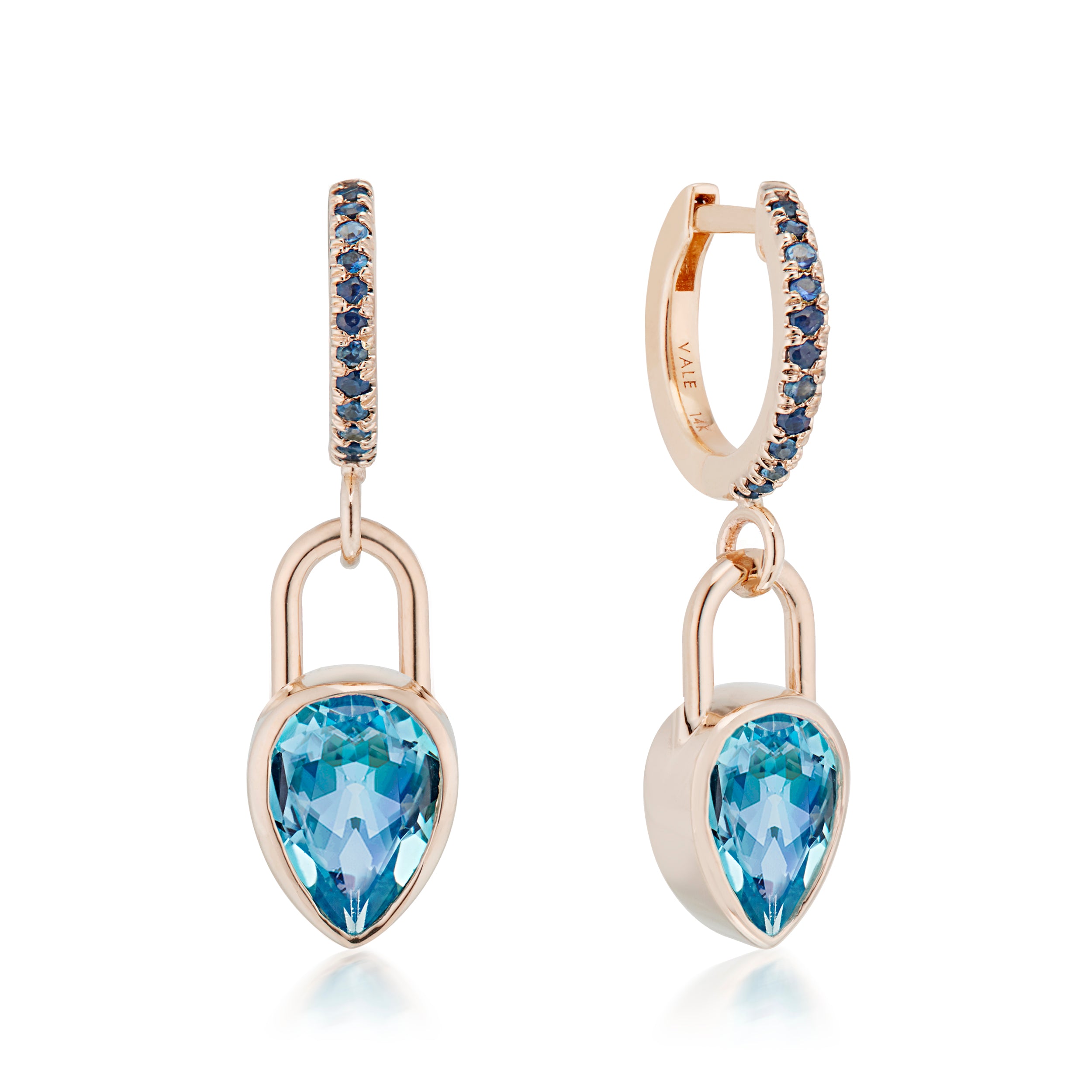 Vale Jewelry Pear Lock Blue Topaz & Sapphire Huggie Earrings in Rose Gold