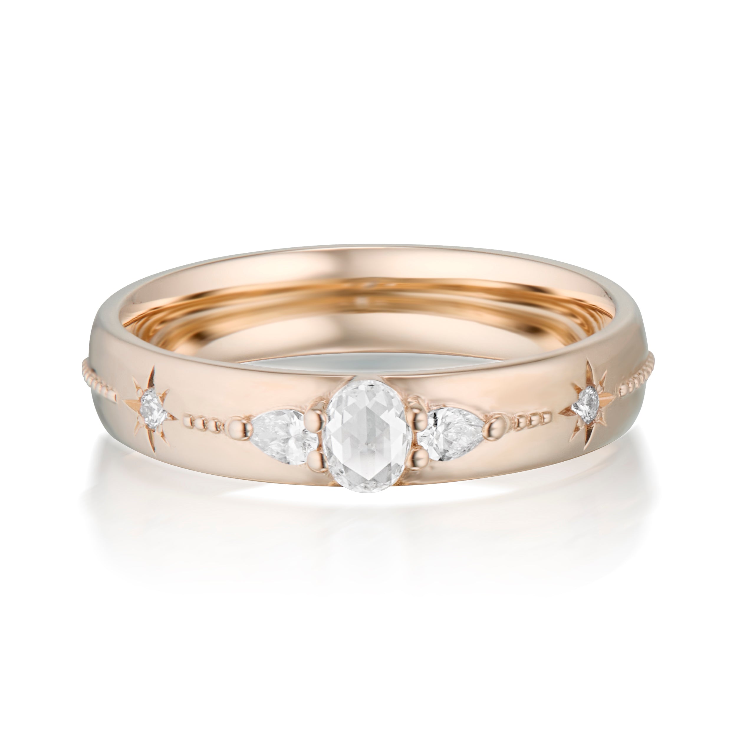 Alt="Vale Jewelry Rainfall 3 Stone Milgrain Band Rose Gold Front View"