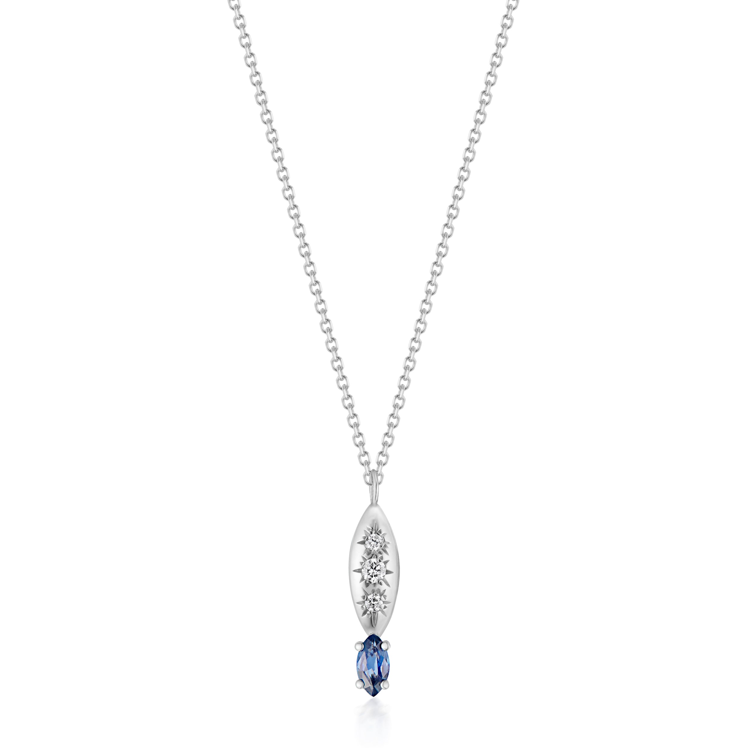 Alt="Vale Jewelry Rainfall Marquise with Marquise Cut Sapphire Necklace White Gold Close Up"
