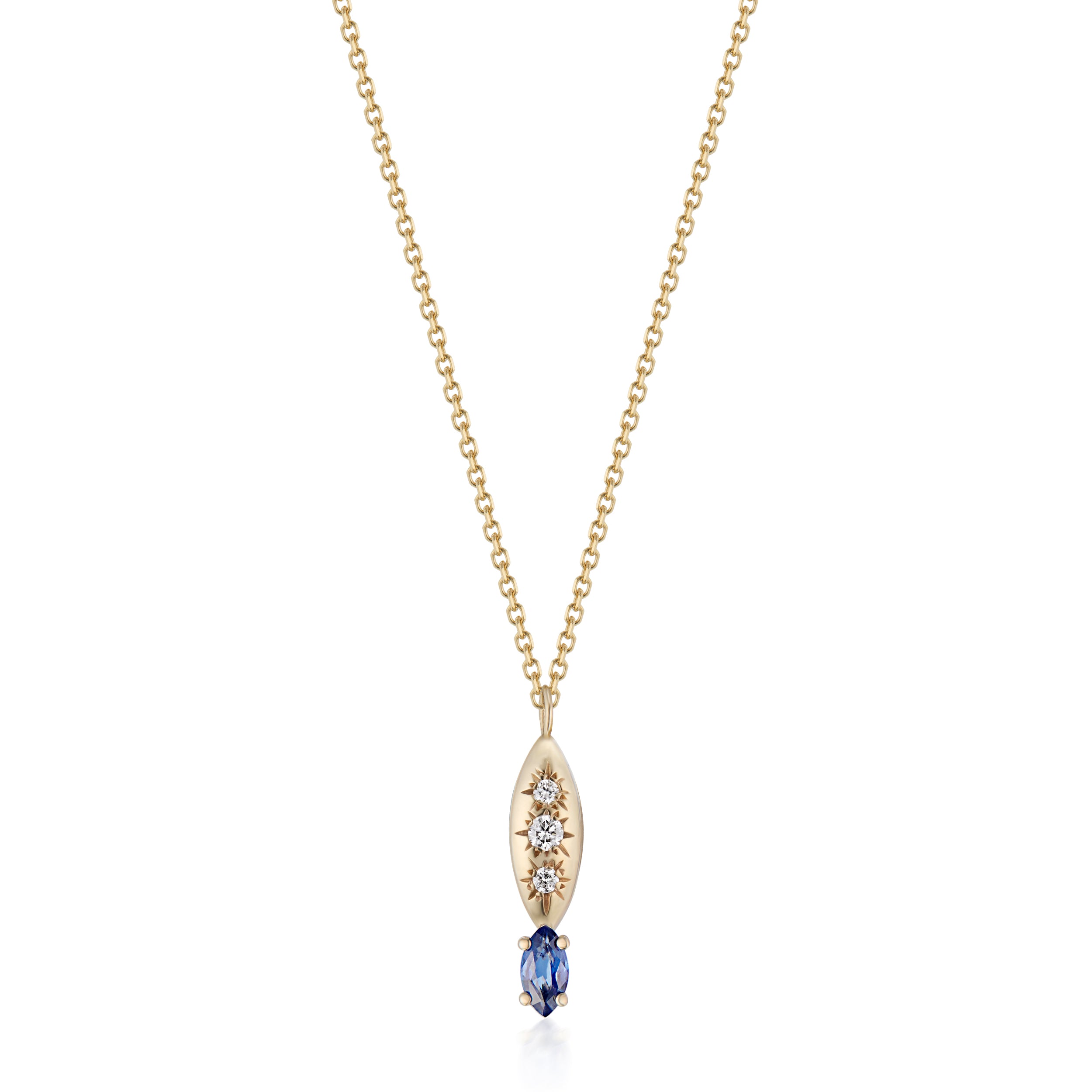 Alt="Vale Jewelry Rainfall Marquise with Marquise Cut Sapphire Necklace Yellow Gold Close Up"
