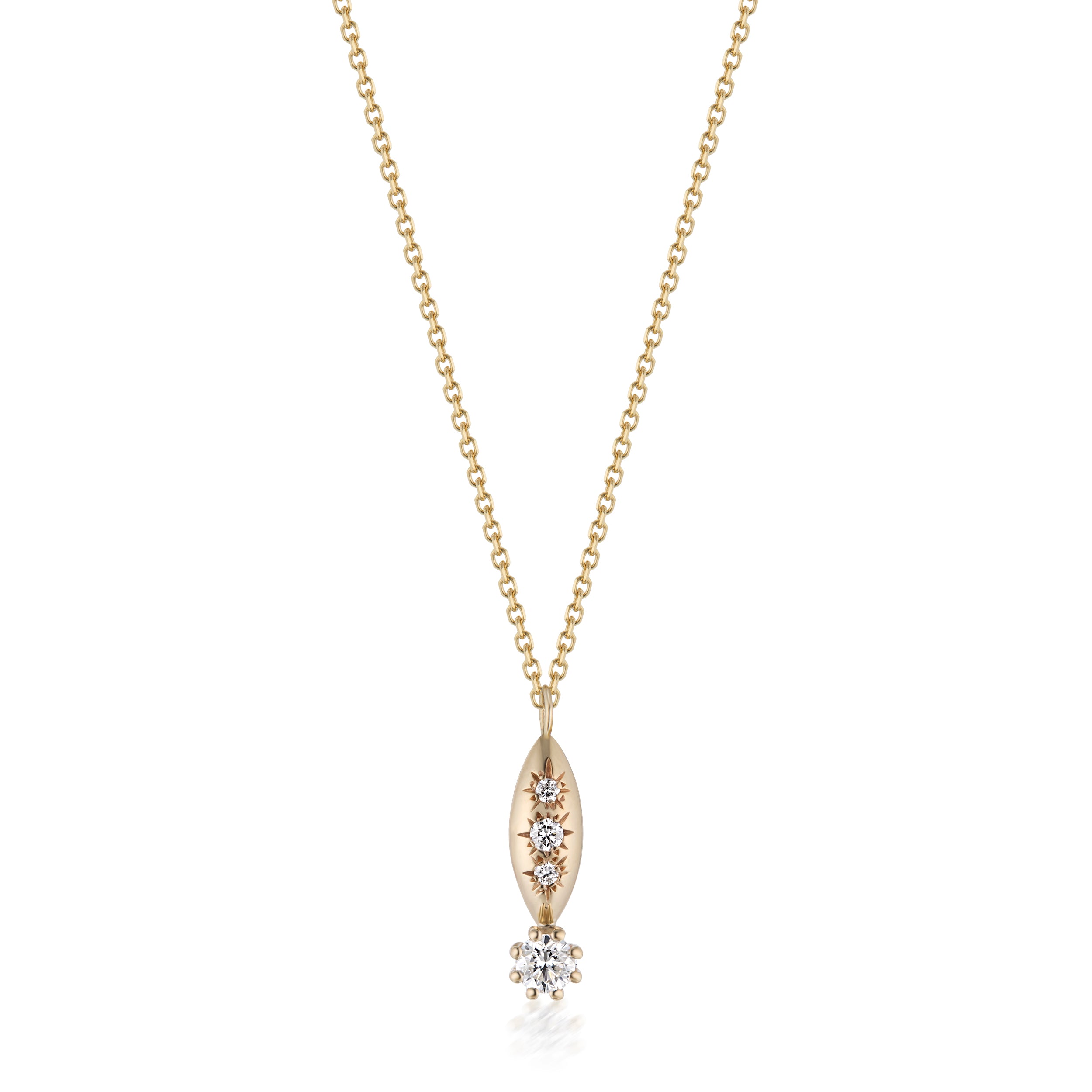 Alt=" Vale Jewelry Rainfall Marquise Round Diamond Necklace A delicate gold chain necklace with a small gold pendant featuring clear gemstones, displayed against a solid white background."