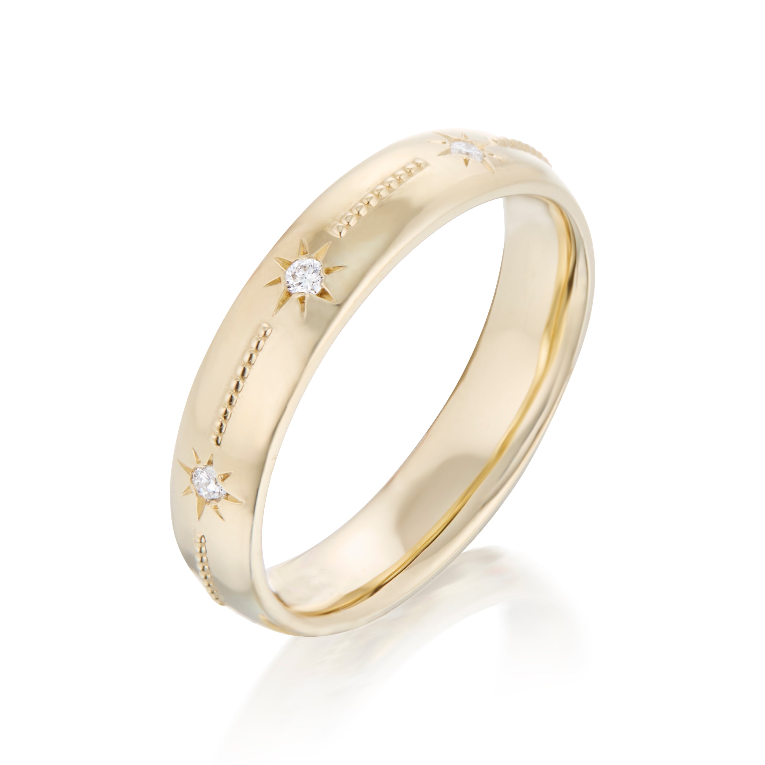 Alt="Vale Jewelry Rainfall Star Set Band Yellow Gold 3/4 view"