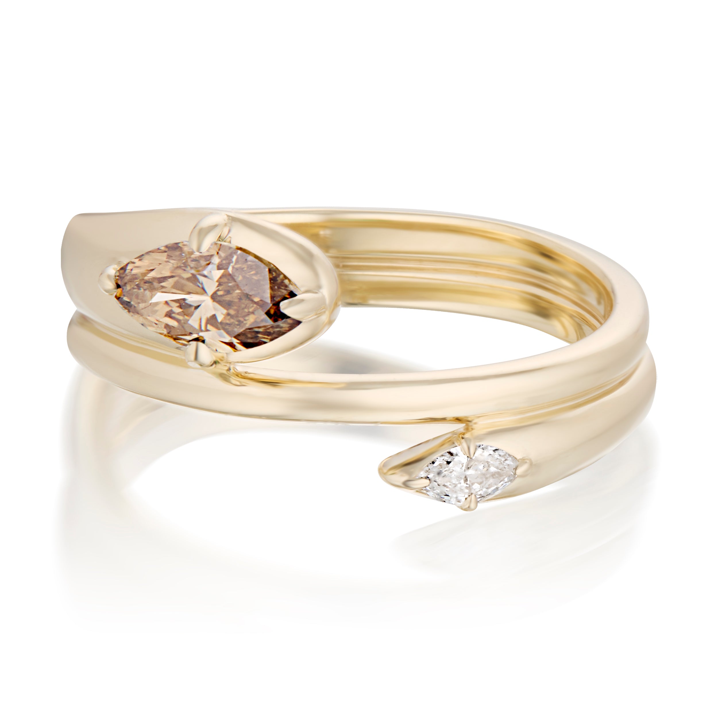 Alt="Vale Jewelry Rainfall Open Double Marquise Champagne Diamond Coil Ring Yellow Gold Front View"