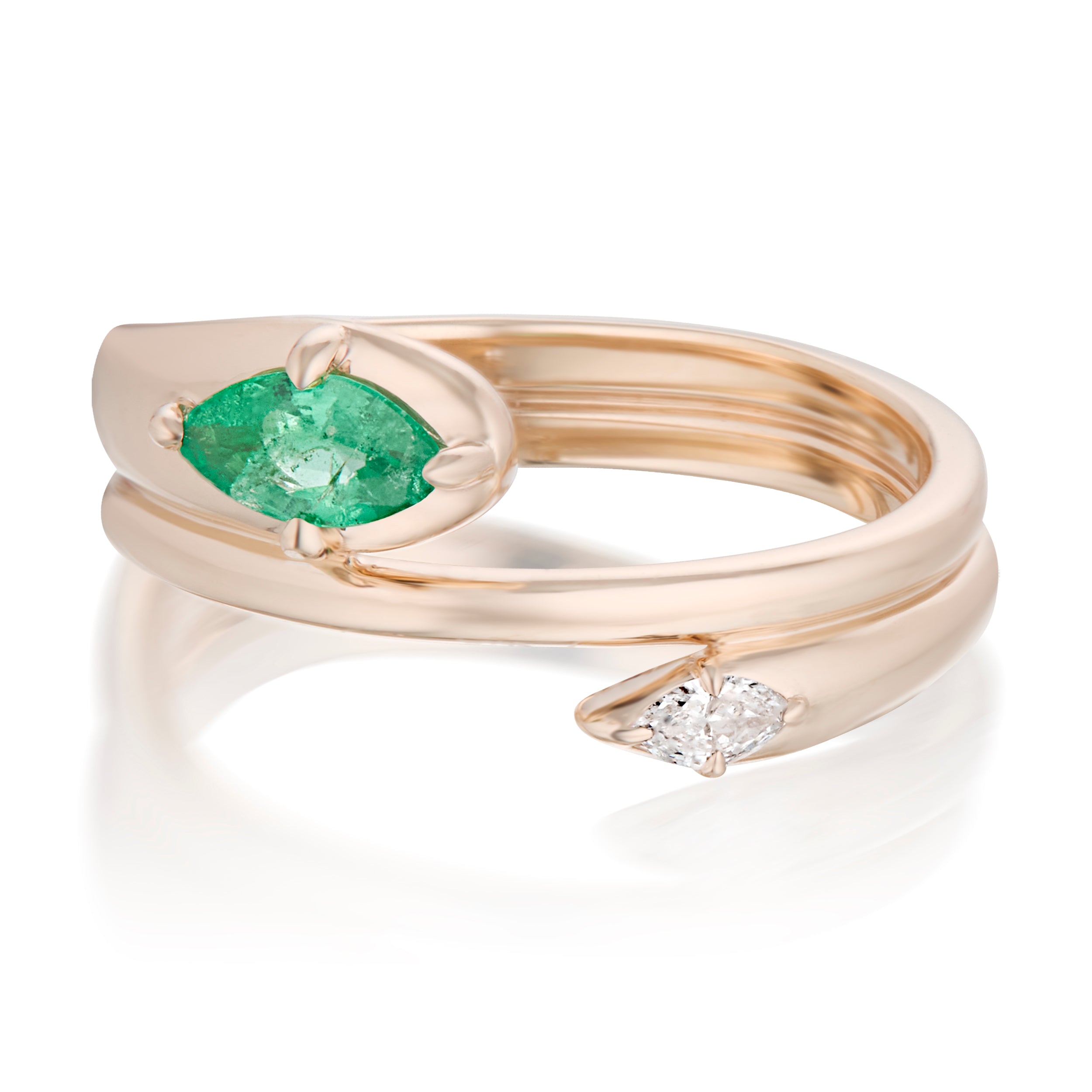 Alt="Vale Jewelry Rainfall Open Double Marquise Emerald Coil Ring Rose Gold Front View"