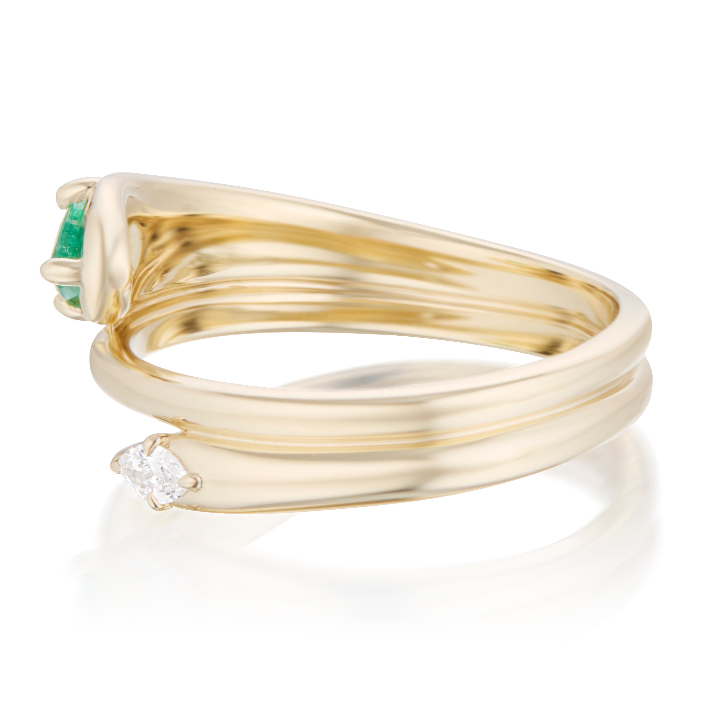 Alt="Vale Jewelry Rainfall Open Double Marquise Emerald Coil Ring Yellow Gold Side View"