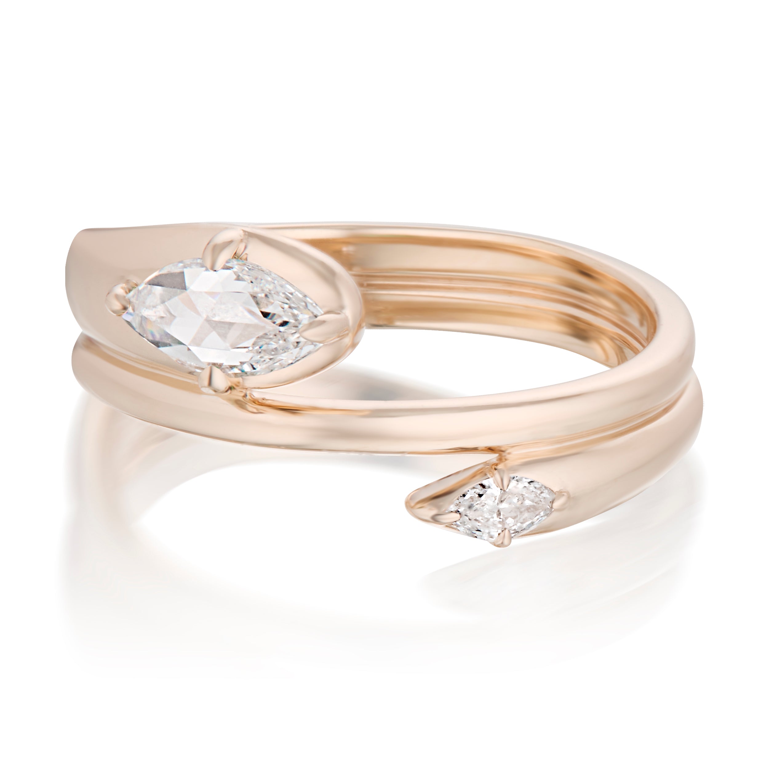 Alt="Vale Jewelry Rainfall Open Double Marquise White Diamond Coil Ring Rose Gold Front View"