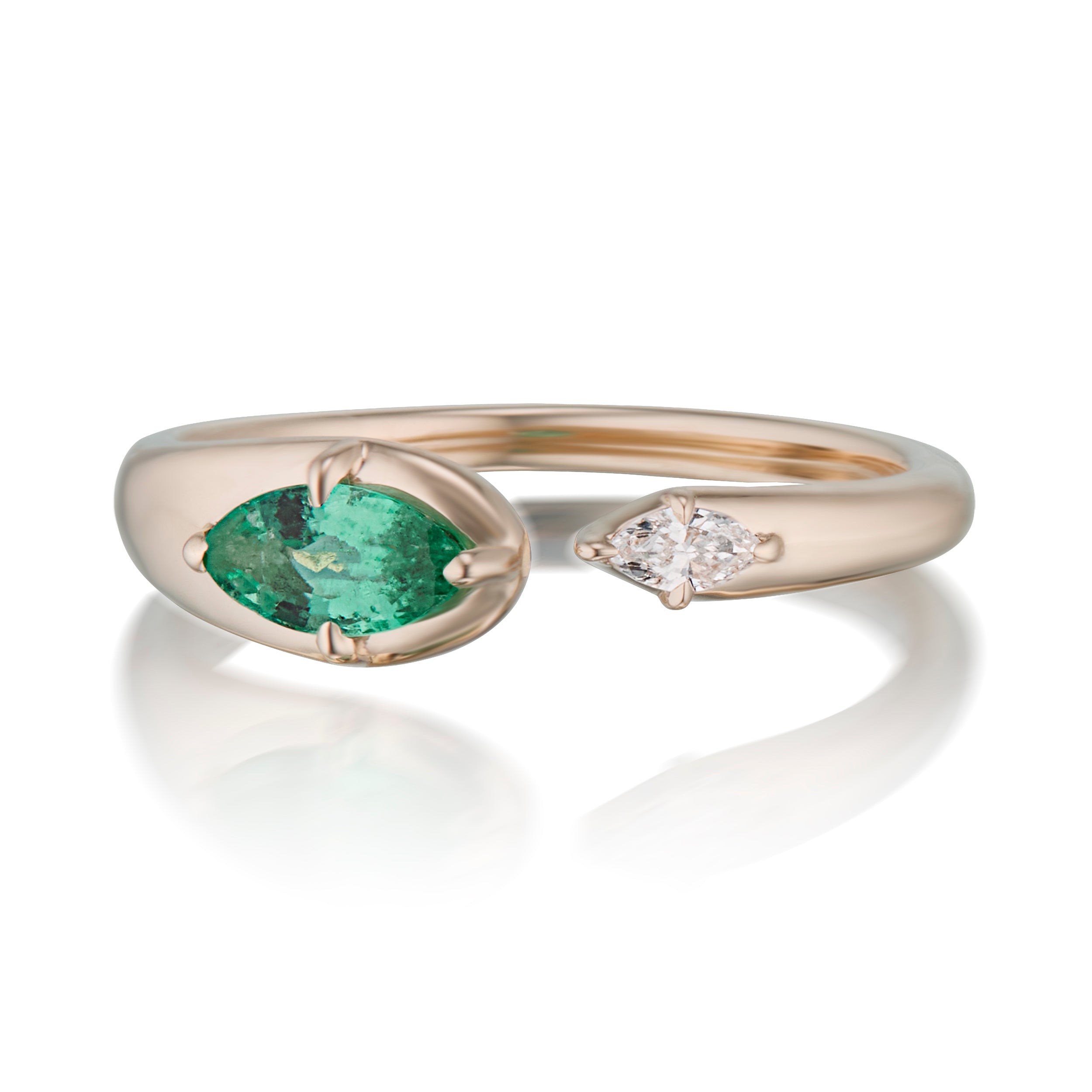 Alt="Vale Jewelry Rainfall Open Marquise Emerald Ring Rose Gold Front View"