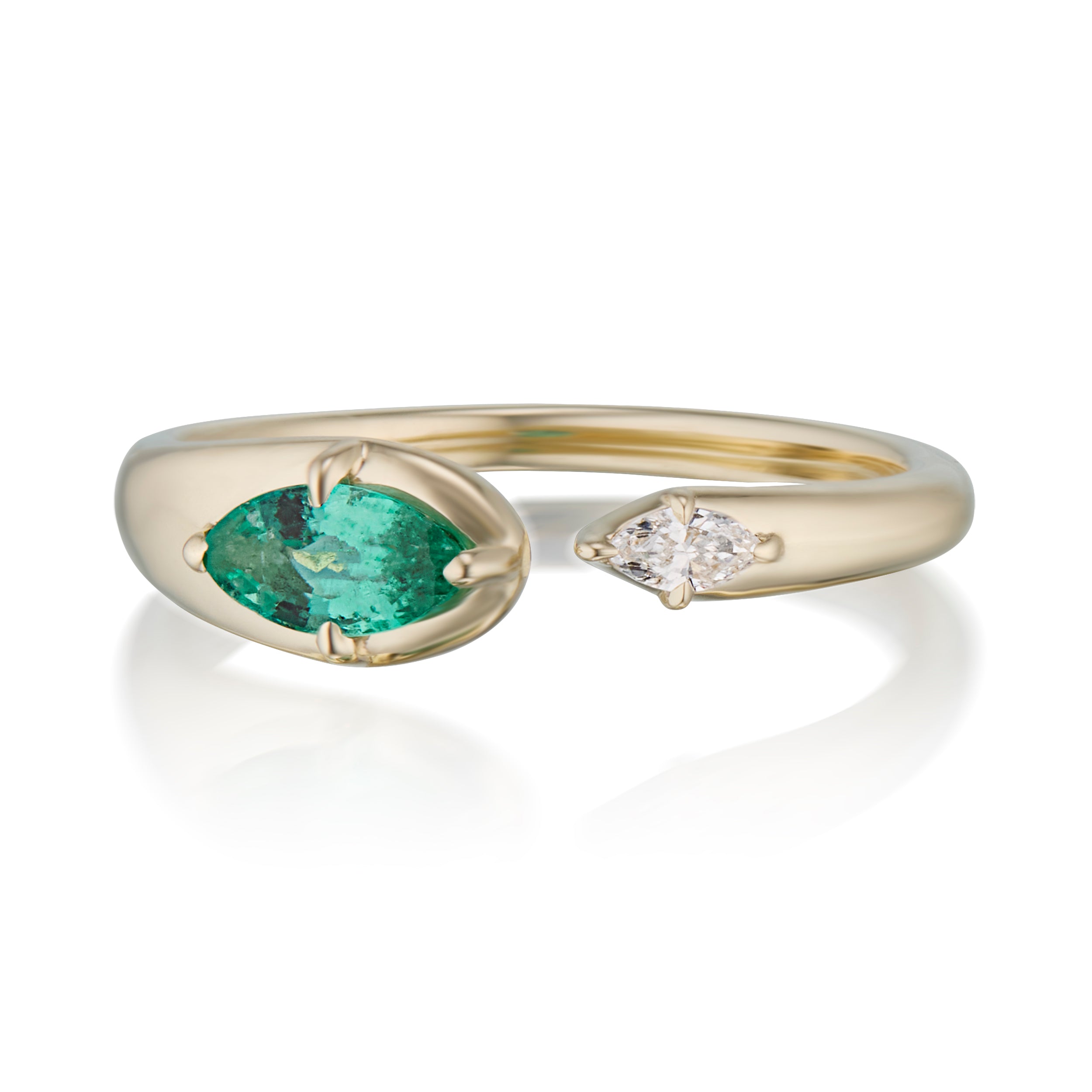 Alt="Vale Jewelry Rainfall Open Marquise Emerald Ring Yellow Gold Front View"