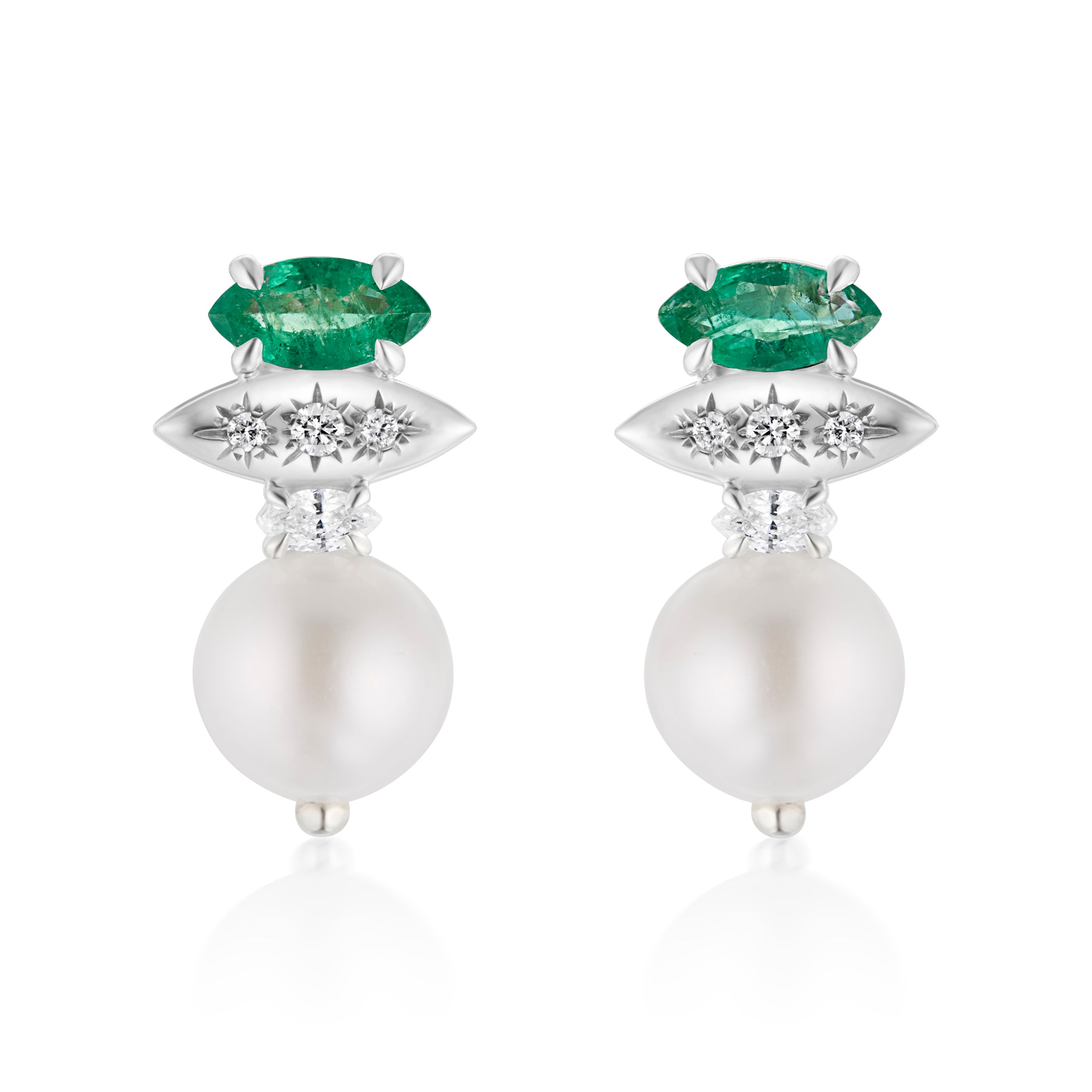 Alt="Vale Jewelry Rainfall Triple Marquise Emerald & Pearl Earrings White Gold Close Up"