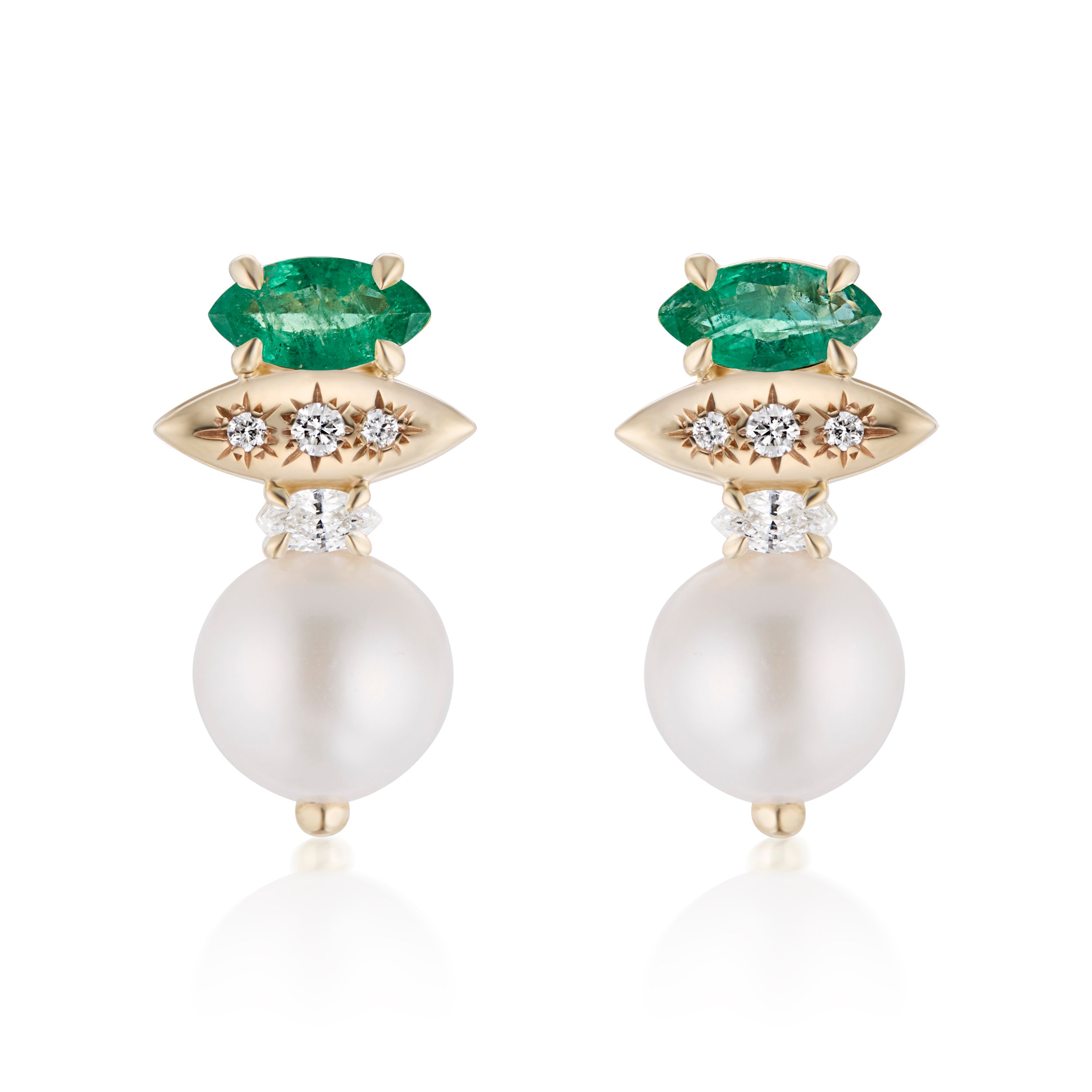 Alt="Vale Jewelry Rainfall Triple Marquise Emerald & Pearl Earrings Yellow Gold Close Up"