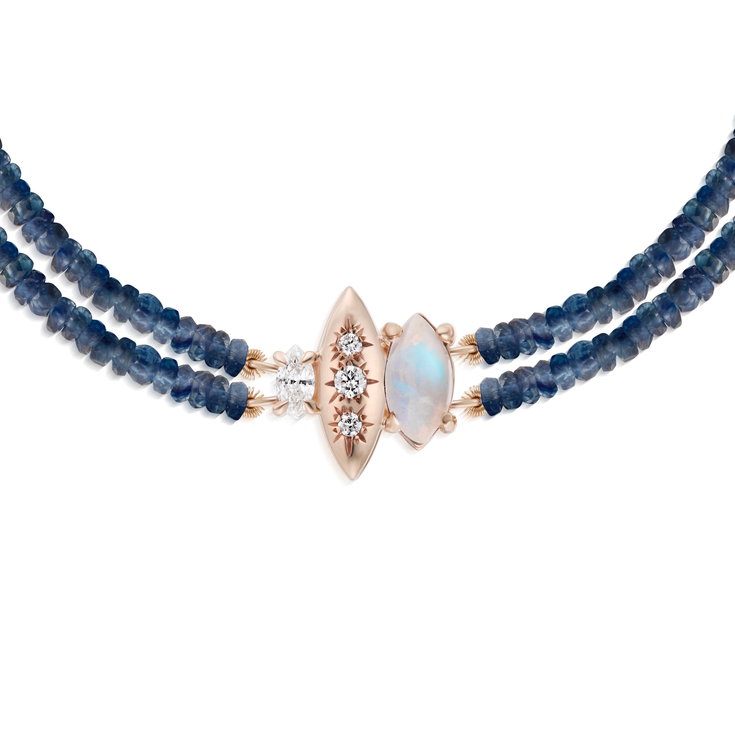 Alt="Vale Jewelry Rainfall Triple Marquise Moonstone Beaded Sapphire Bracelet Close Up Rose Gold"