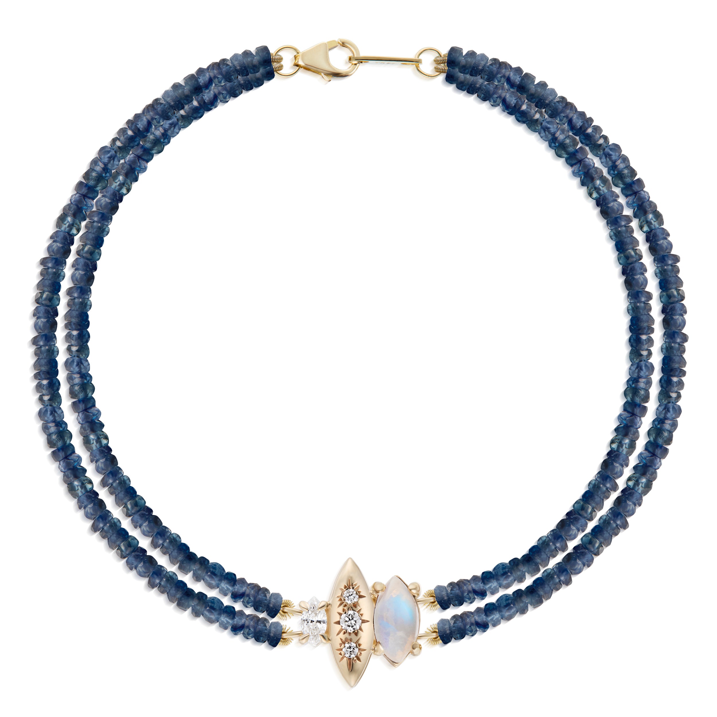 Alt="Vale Jewelry Rainfall Triple Marquise Moonstone Beaded Sapphire Bracelet Wide View Yellow Gold"