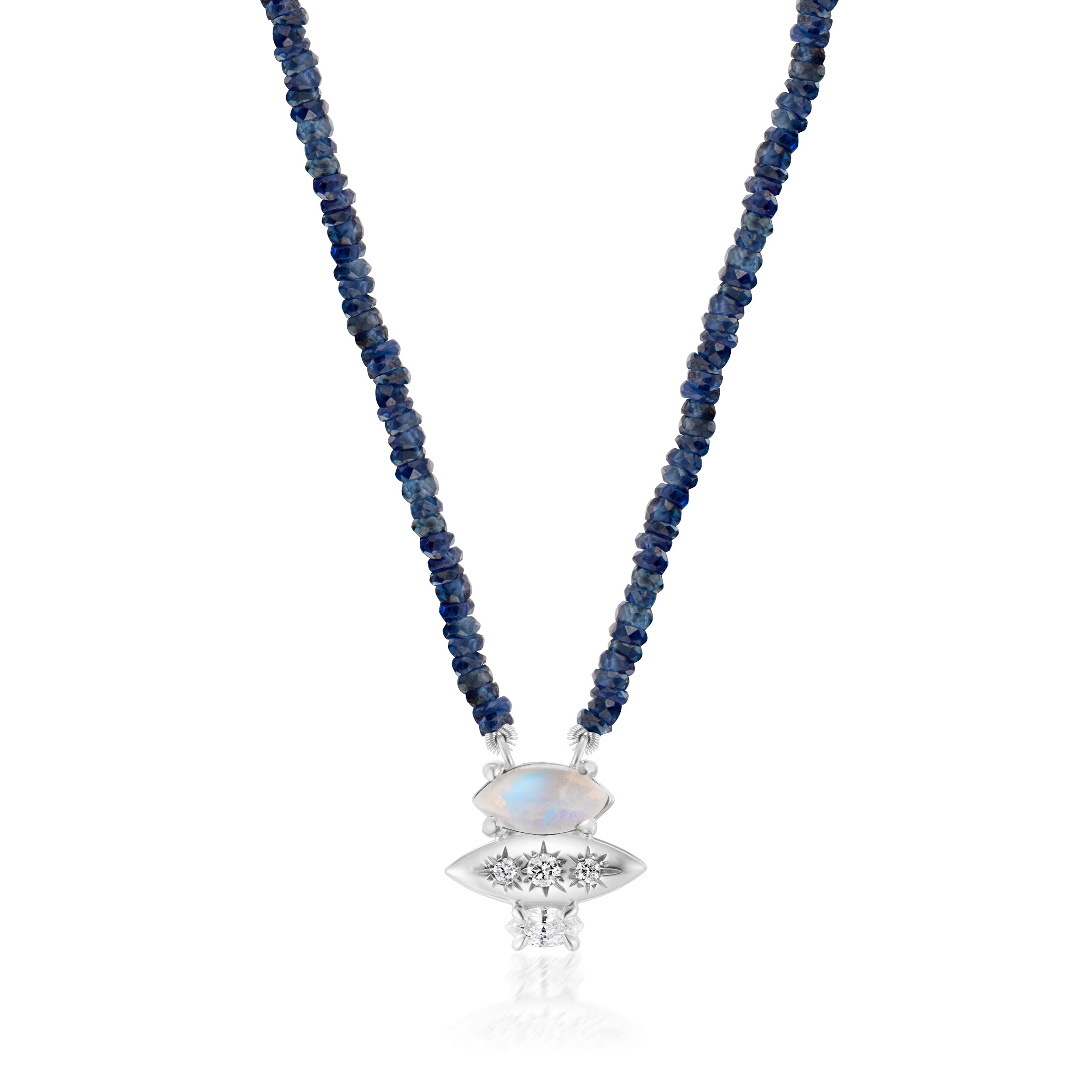 Alt="Vale Jewelry Rainfall Triple Marquise Moonstone and Beaded Sapphire Necklace White Gold Close Up"