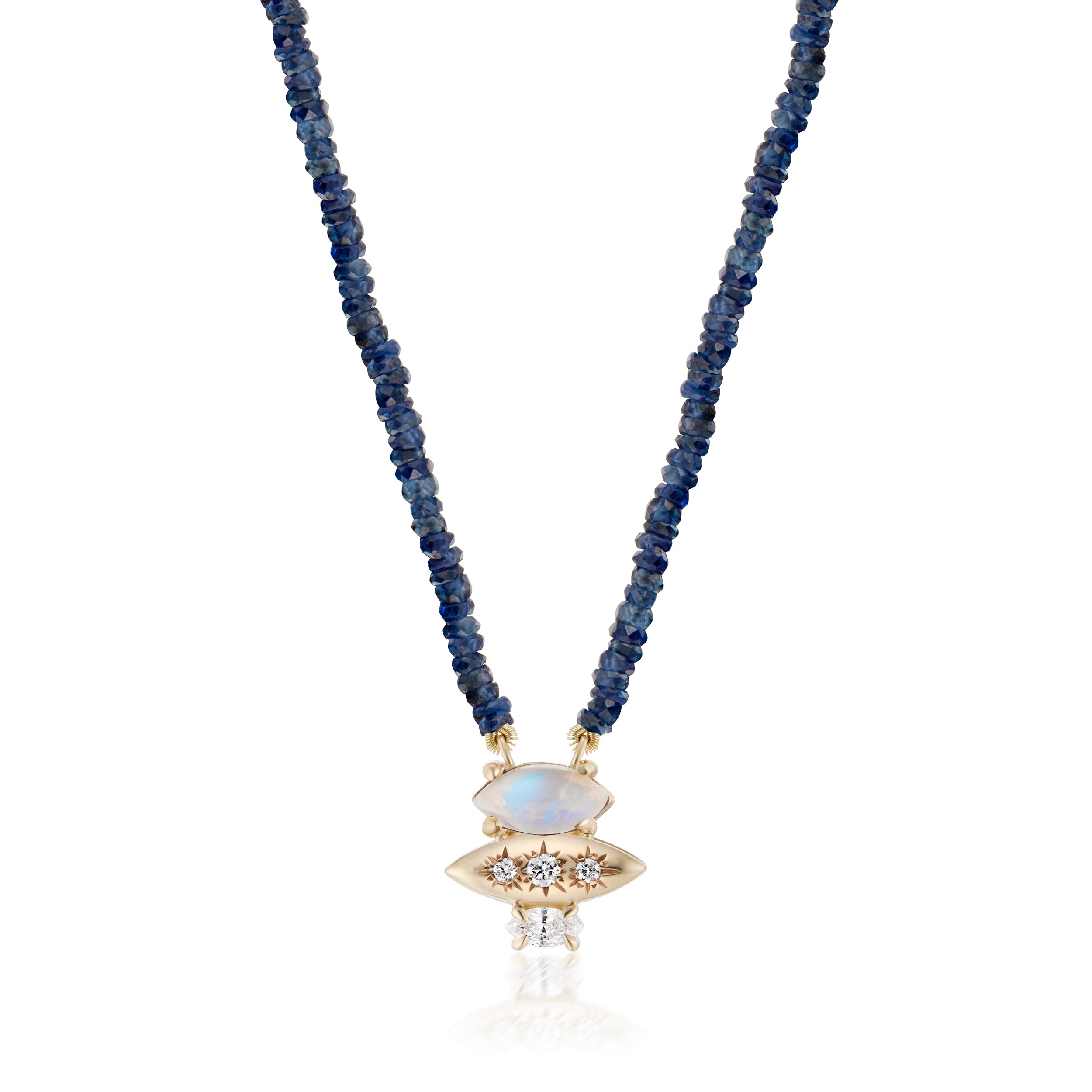 Alt="Vale Jewelry Rainfall Triple Marquise Moonstone and Beaded Sapphire Necklace Yellow Gold Close Up"