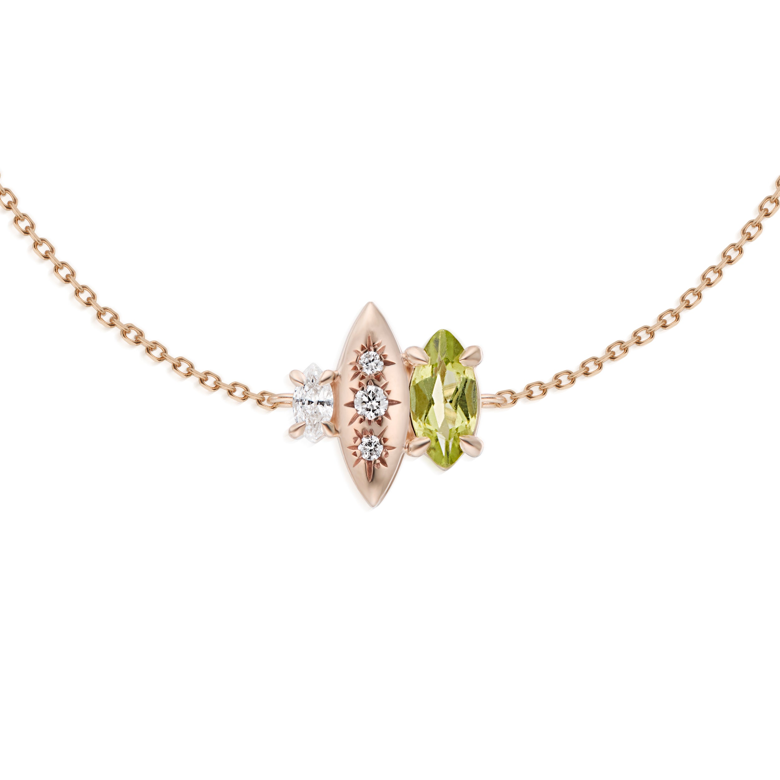 Alt="Vale Jewelry Rainfall Triple Marquise Peridot Bracelet Close Up Rose Gold"