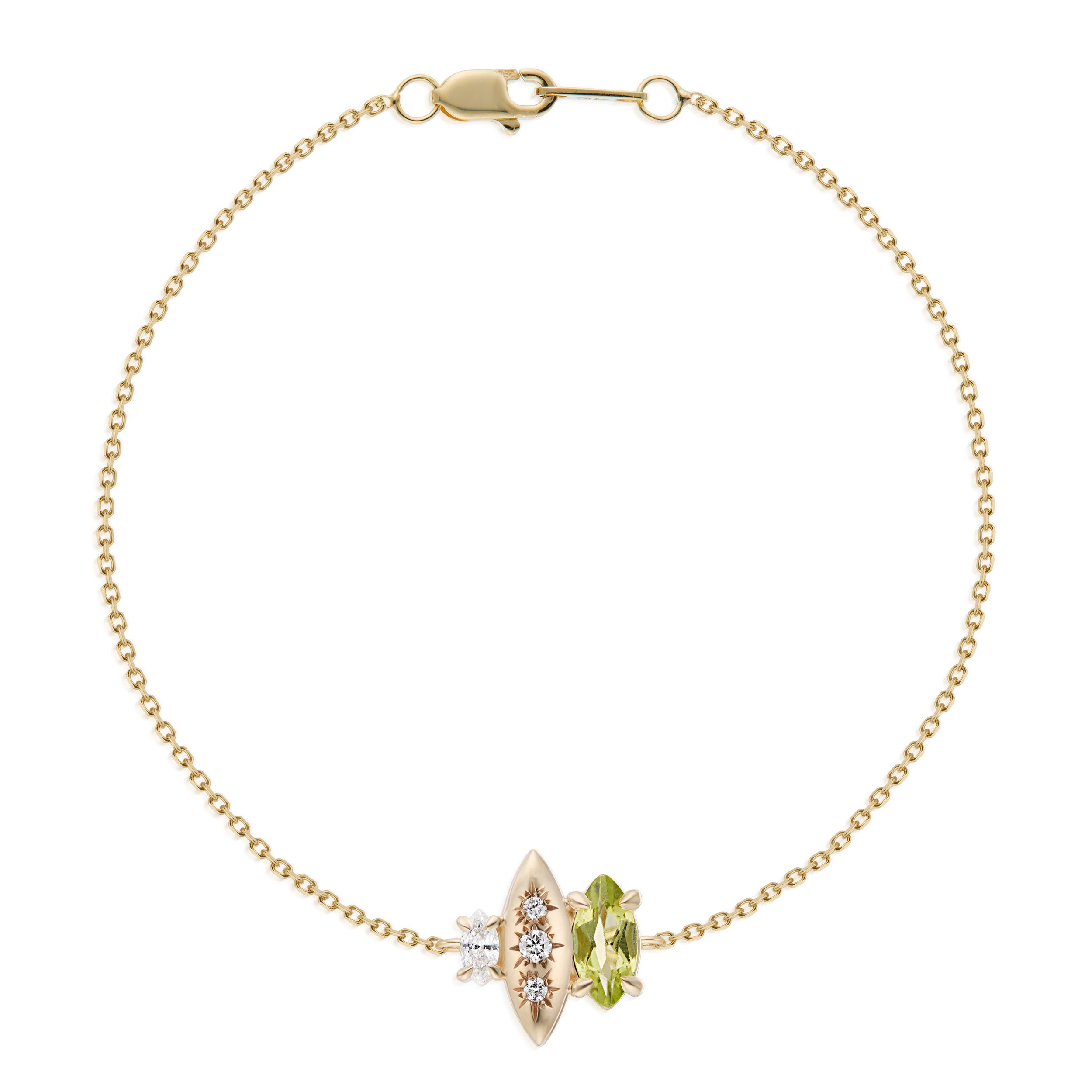 Alt="Vale Jewelry Rainfall Triple Marquise Peridot Bracelet Wide View Yellow Gold"