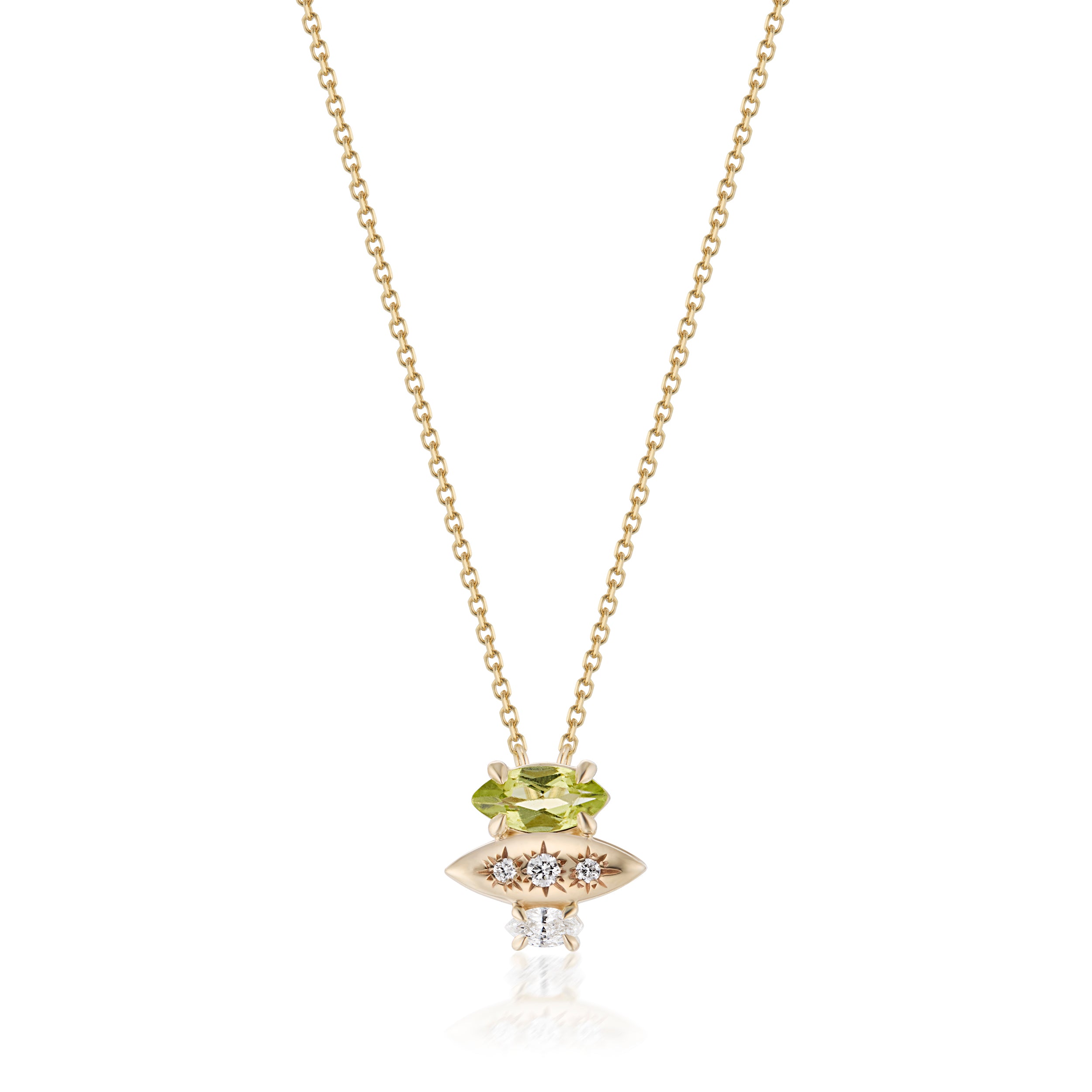 Alt="Vale Jewelry Rainfall Triple Marquise Peridot Necklace Yellow Gold Close Up"