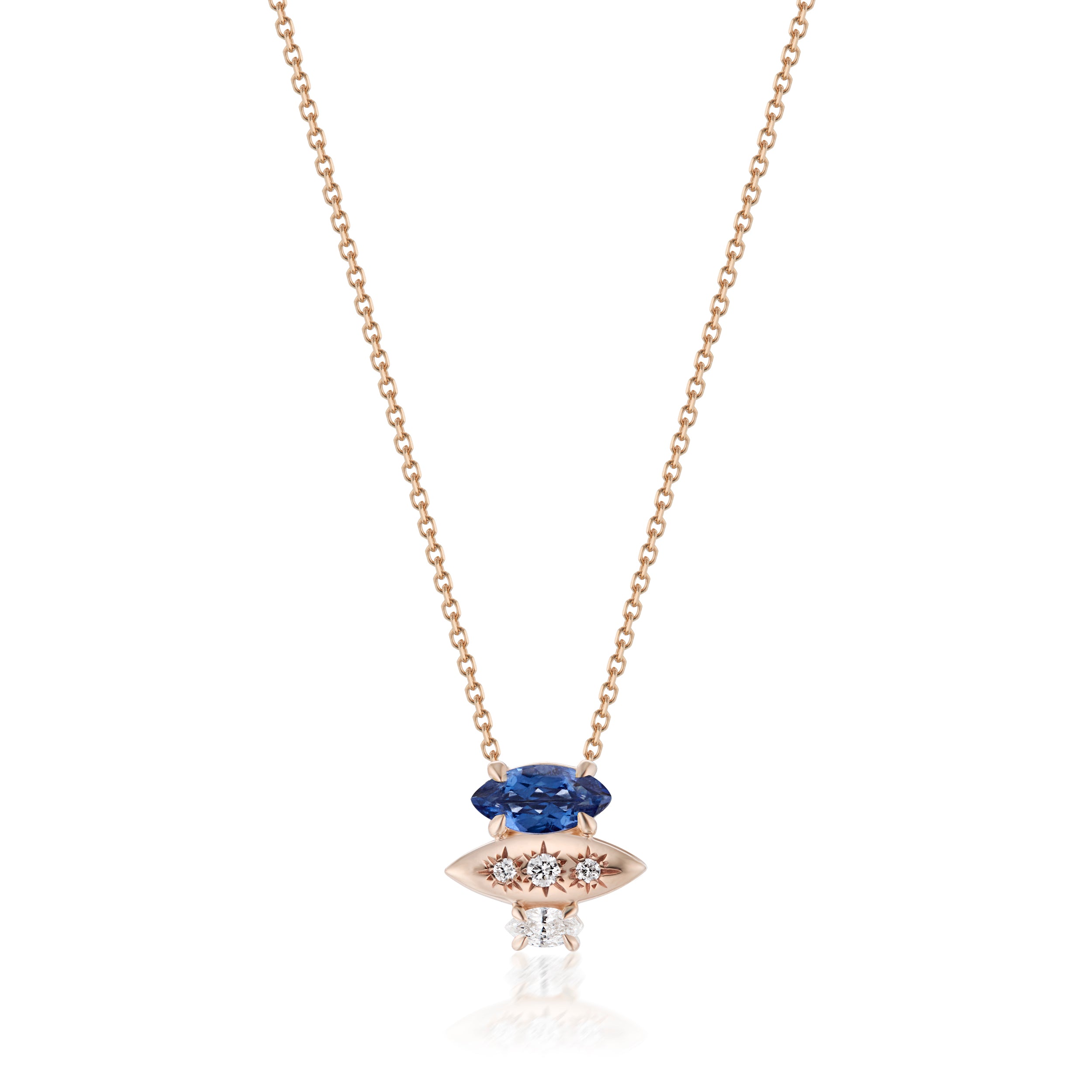 Alt="Vale Jewelry Rainfall Triple Marquise Sapphire Necklace Rose Gold Close Up"