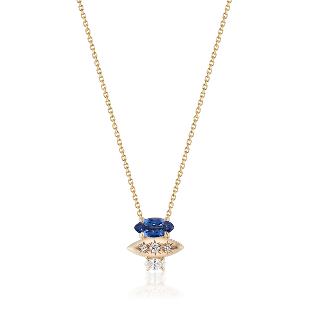 Alt="Vale Jewelry Rainfall Triple Marquise Sapphire Necklace Yellow Gold Close Up"