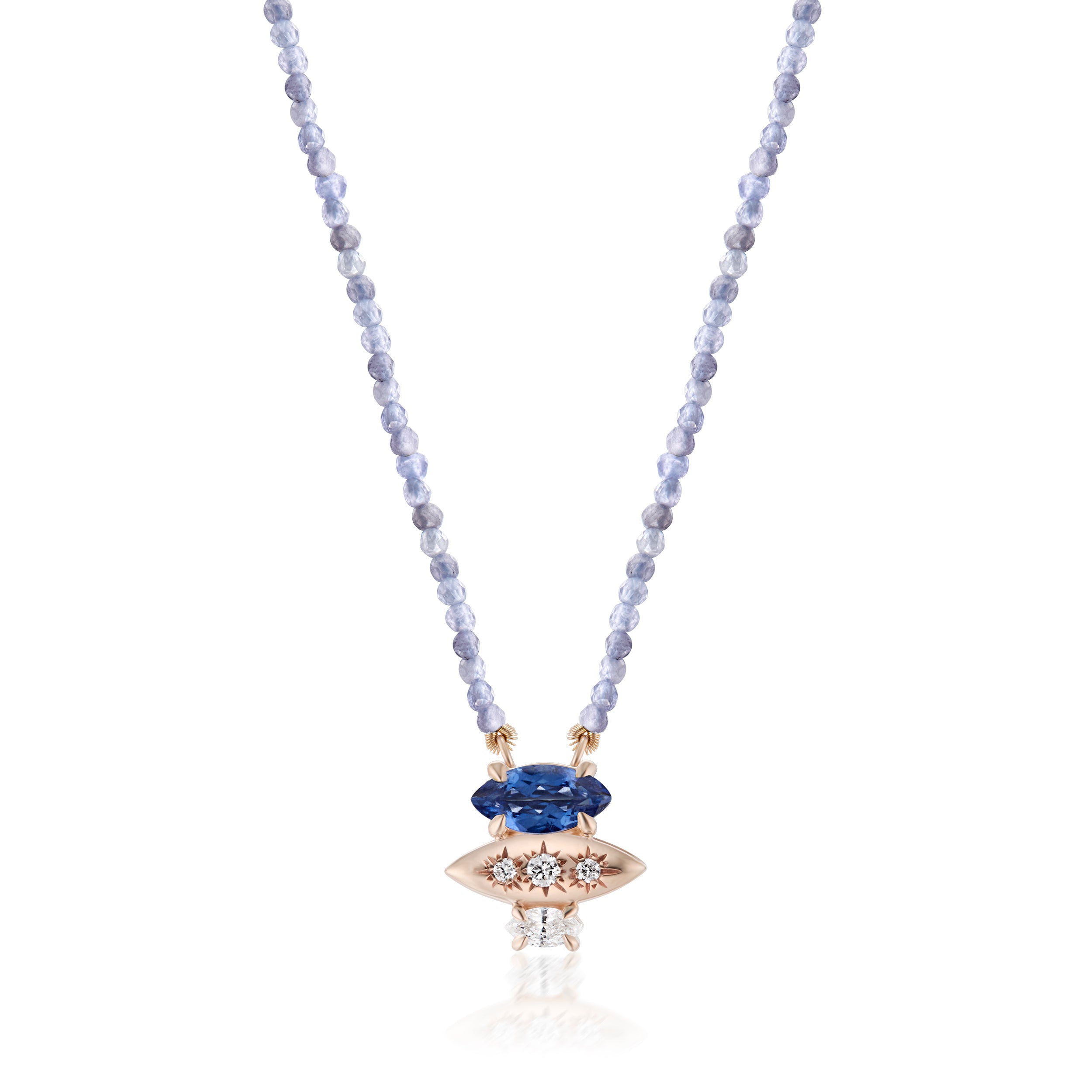 Alt="Vale Jewelry Rainfall Triple Marquise Sapphire and Beaded Tanzanite Necklace Rose Gold Close Up"