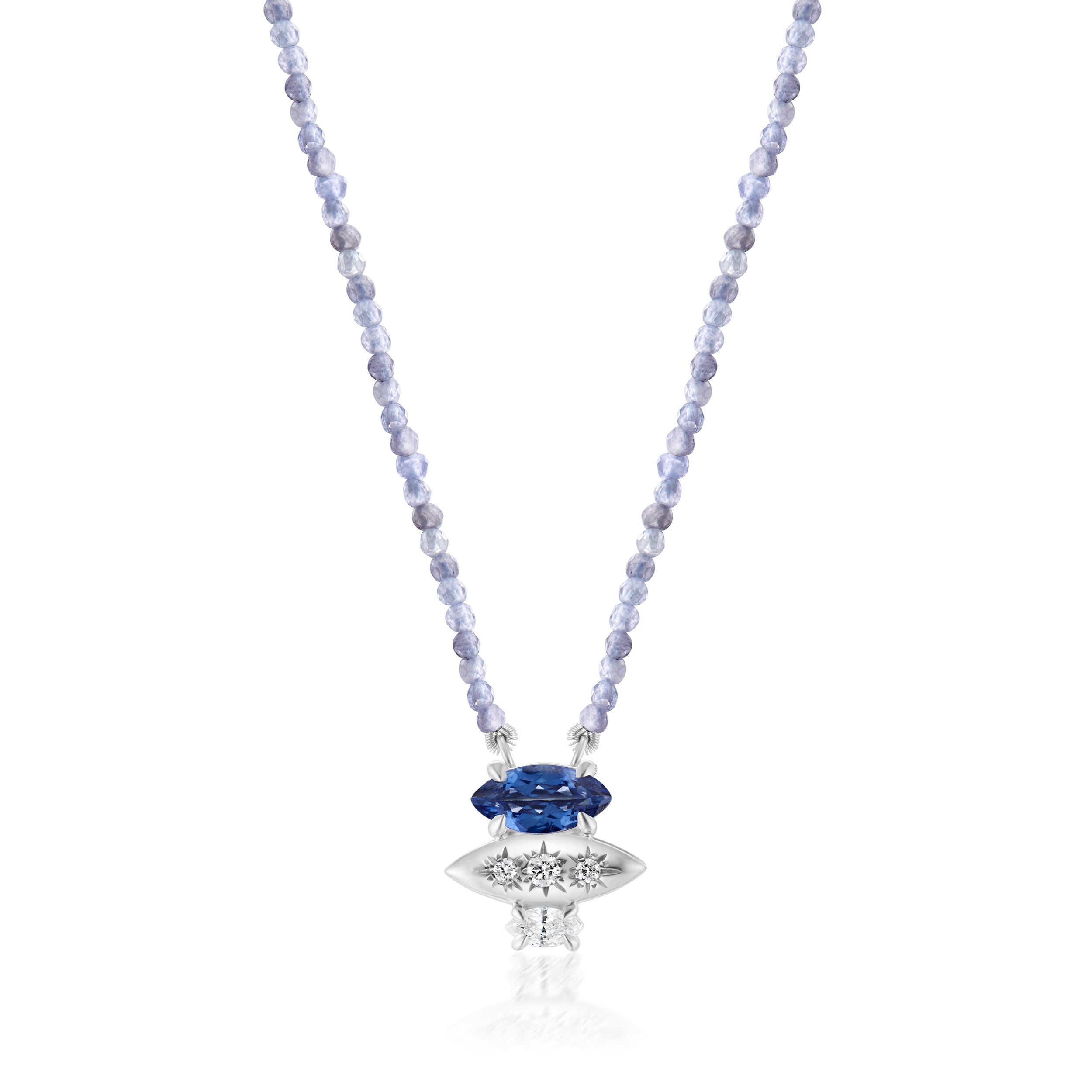 Alt="Vale Jewelry Rainfall Triple Marquise Sapphire and Beaded Tanzanite Necklace White Gold Close Up"