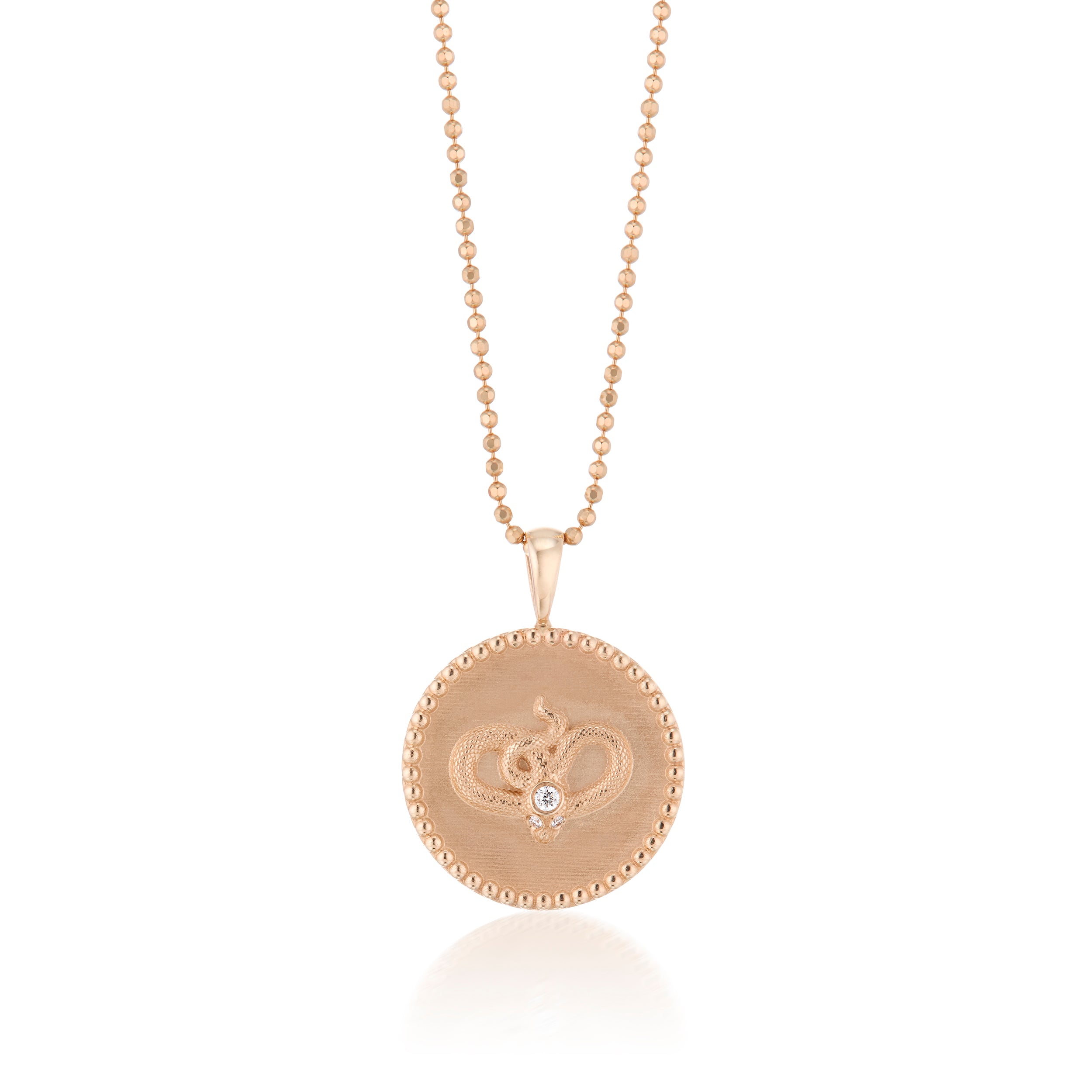 Serpent Disc Pendant With Diamond Necklace Rose Gold Close Up View