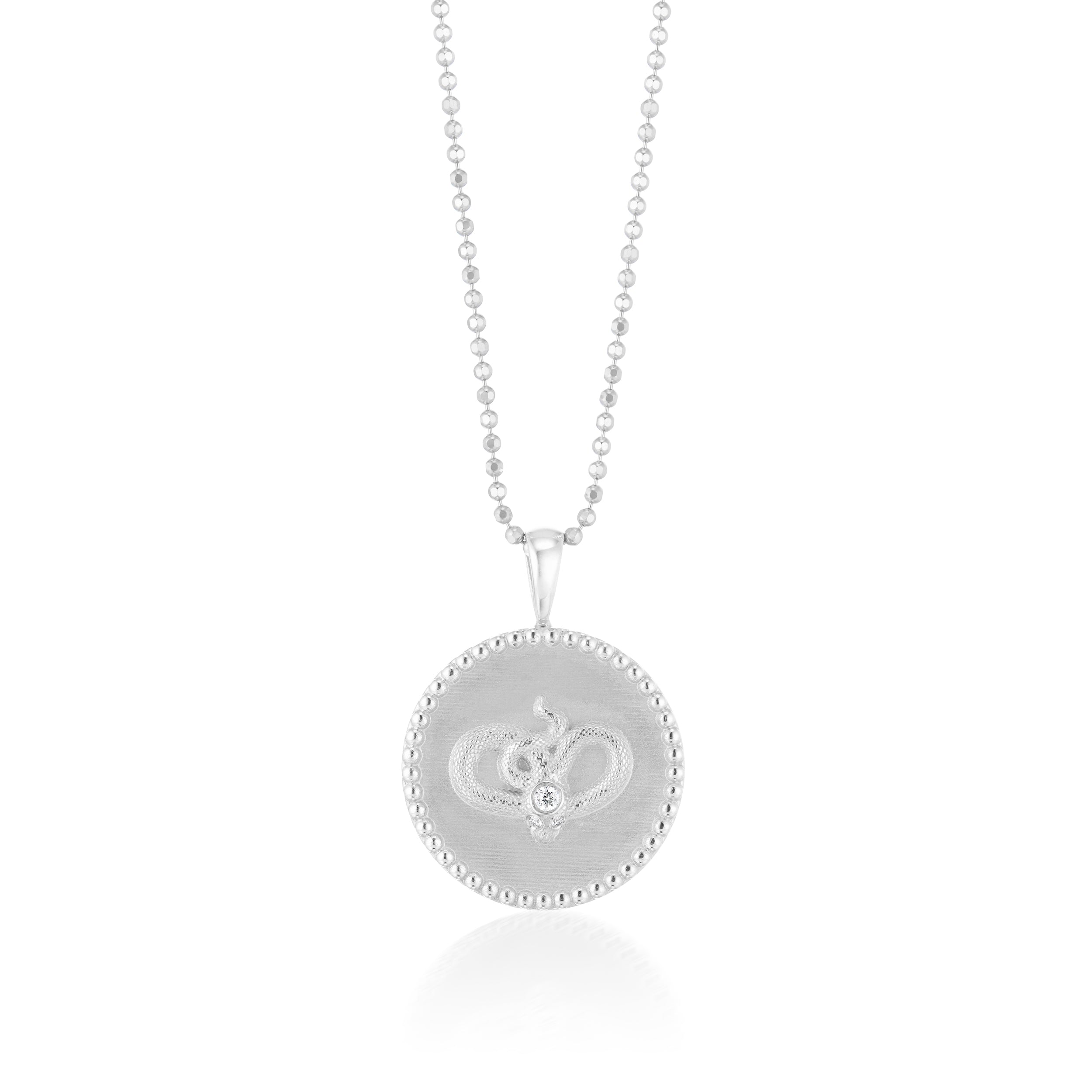 Serpent Disc Pendant With Diamond Necklace White Gold Close Up View