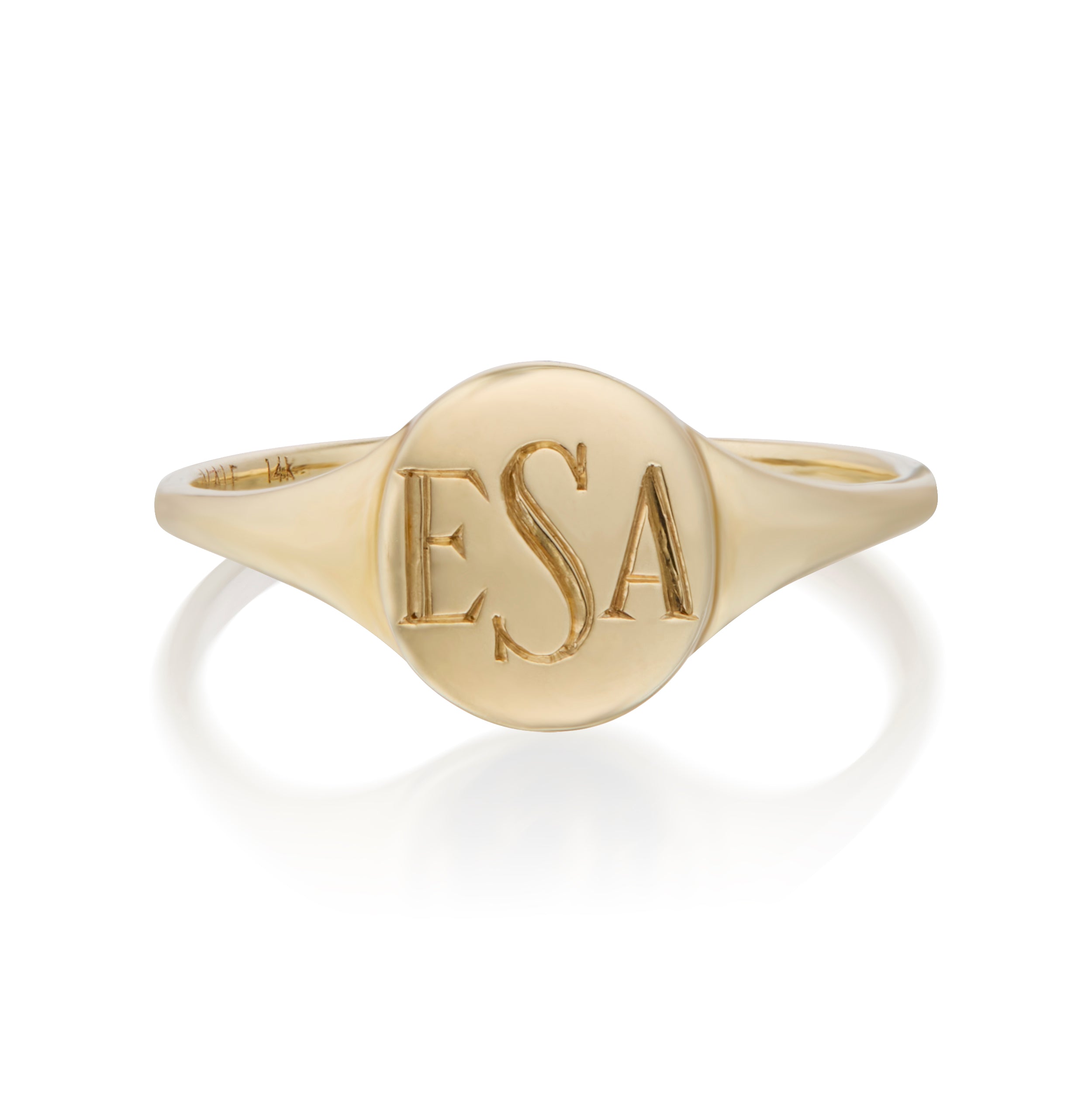 Vale Jewelry Skinny Signet Ring in Yellow Gold Front View With Block Engraving