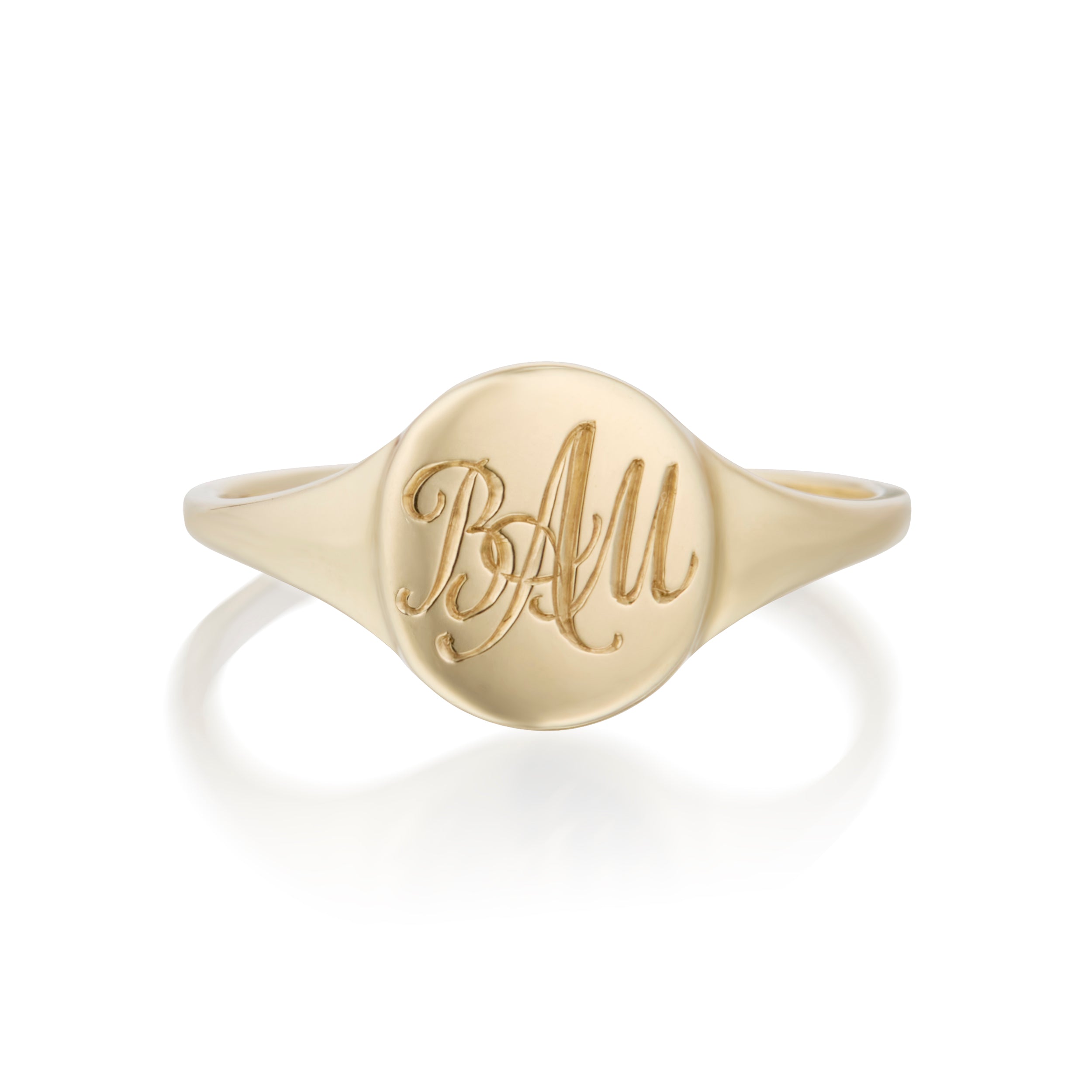 Vale Jewelry Skinny Signet Ring in Yellow Gold Front View With Script Engraving